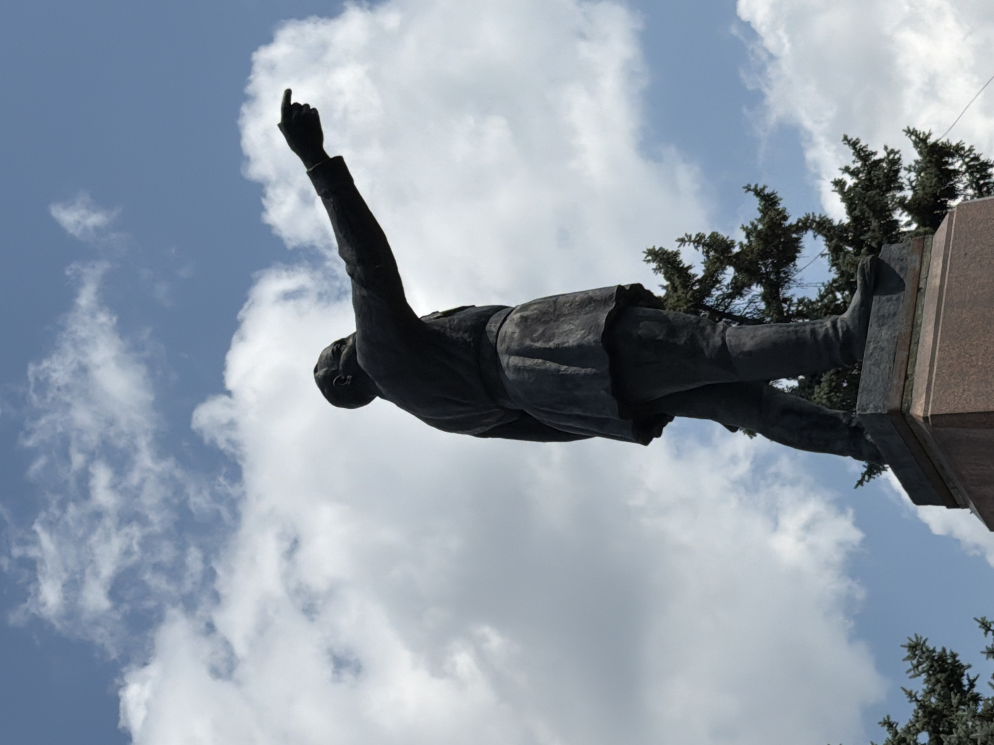 A full-body, low-angle, outdoor shot captures a dark-colored statue of a man in military attire, pointing his right index finger towards the viewer's right. The statue is made of dark metal and stands on a stepped, granite pedestal. The man wears a uniform with a jacket, skirted coat, pants, and boots. His head is turned to his right, looking in the direction he is pointing. Behind the statue, a bright blue sky is filled with scattered, fluffy white clouds. To the lower right of the pedestal, a dark green evergreen tree with intricate branches is visible. The statue is located in Saratov, Russia.