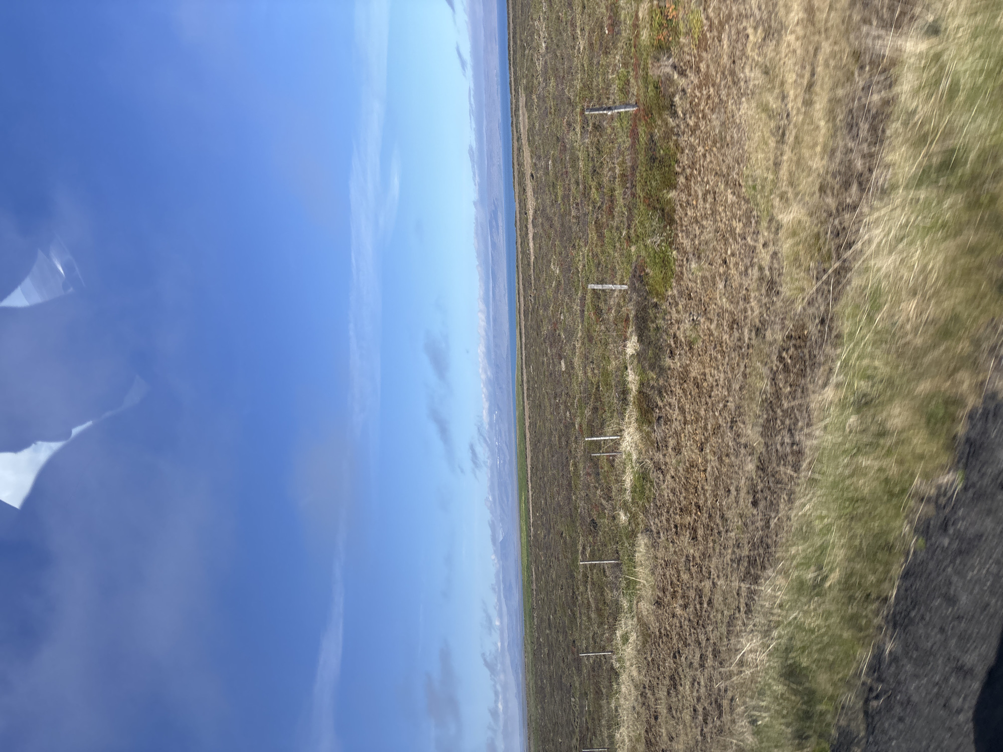 The image depicts a flat, open landscape under a bright blue sky with scattered clouds. In the foreground, dry, brown grass and sparse vegetation cover the ground, with a dark, indistinct area on the lower left possibly indicating a road. A wire fence with thin, vertical posts runs horizontally across the mid-ground. Beyond the fence, the terrain shifts to a mix of low-lying green and reddish-brown vegetation, appearing somewhat mossy or heath-like. In the distance, a body of water, likely the ocean, stretches to the horizon. Further back, a range of low, undulating mountains is visible, some with patches of snow or light-colored vegetation. The overall impression is one of a vast, sparsely populated rural area, characteristic of the landscape around Blönduós, Iceland. There are no people or specific identifiable structures visible in the image. The scene appears to be captured from a moving vehicle due to the slight motion blur in the foreground grass.