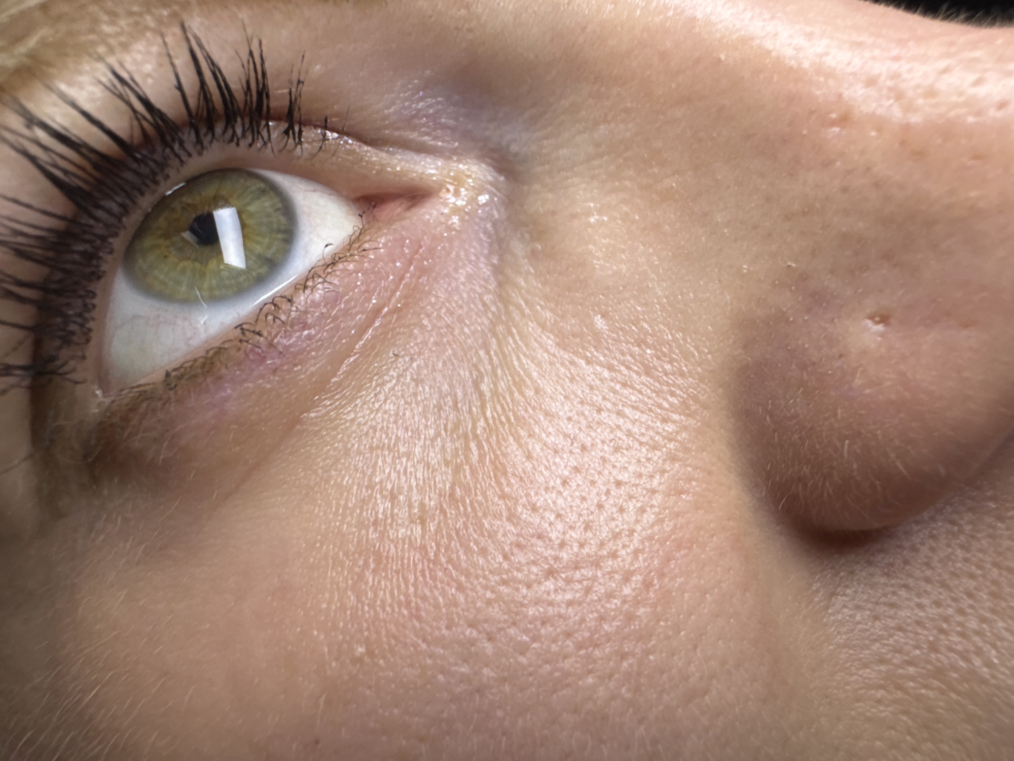 The image is a close-up of a person's face, focusing on their left eye and the adjacent skin. The eye is open, looking upwards. The iris appears to be hazel or light brown with a visible highlight reflection. The person has dark eyelashes that are heavily coated with mascara. Fine lines and wrinkles are visible on the skin around the eye. The nose is partially visible on the right side of the frame, showing the texture of the skin and a single prominent pore. The overall skin tone is fair. The background is out of focus. There is no indication of Saint Petersburg, Russia, or any other specific location in the image.