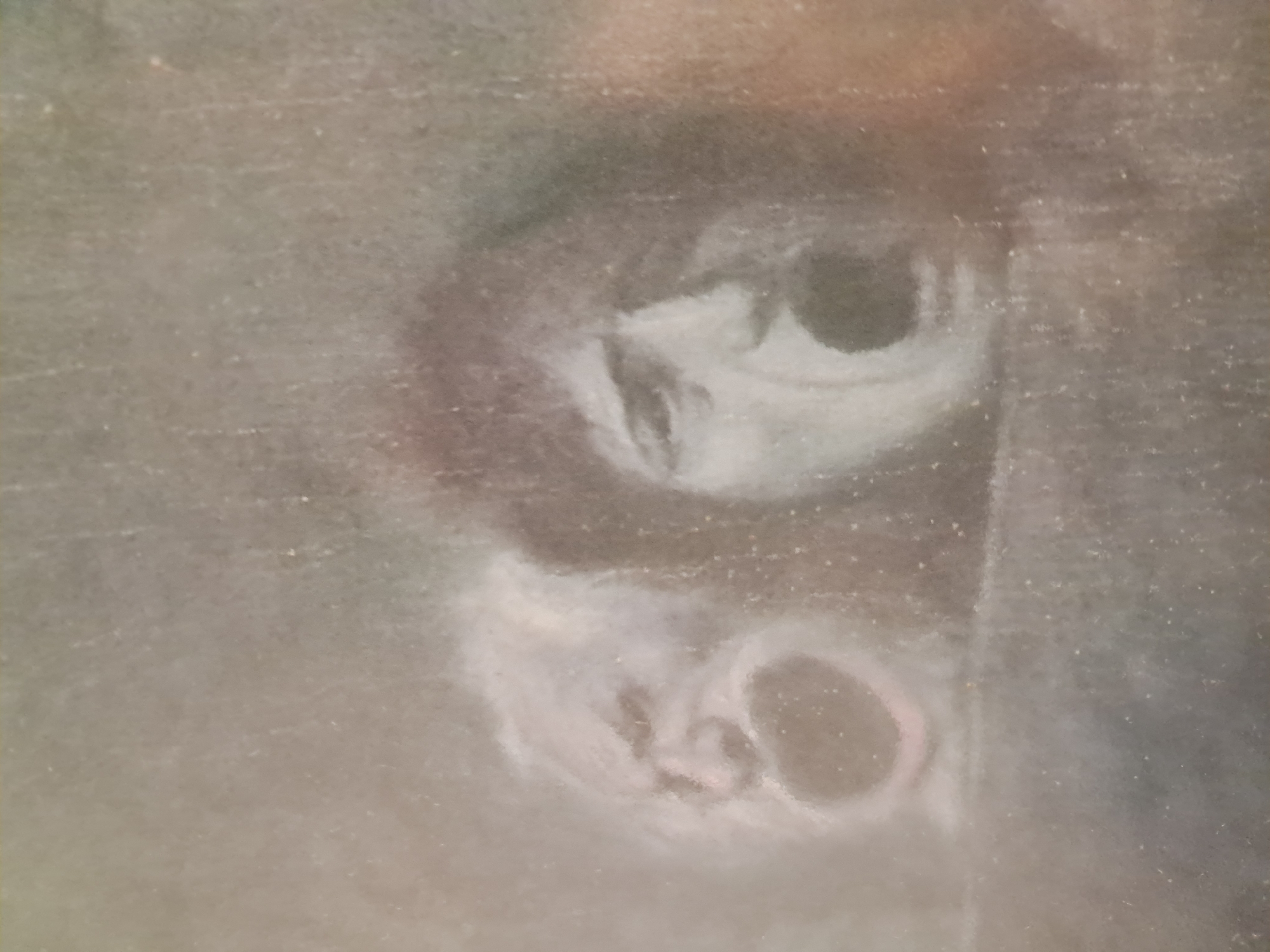 The image shows a close-up detail of a painting. The visible elements include an eye and what appears to be a nose, suggested by the shapes and shading. The color palette is muted, consisting of shades of gray, with subtle hints of pink. The texture appears to be rough, possibly painted on canvas or a similar material. No location information is discernible from the image.