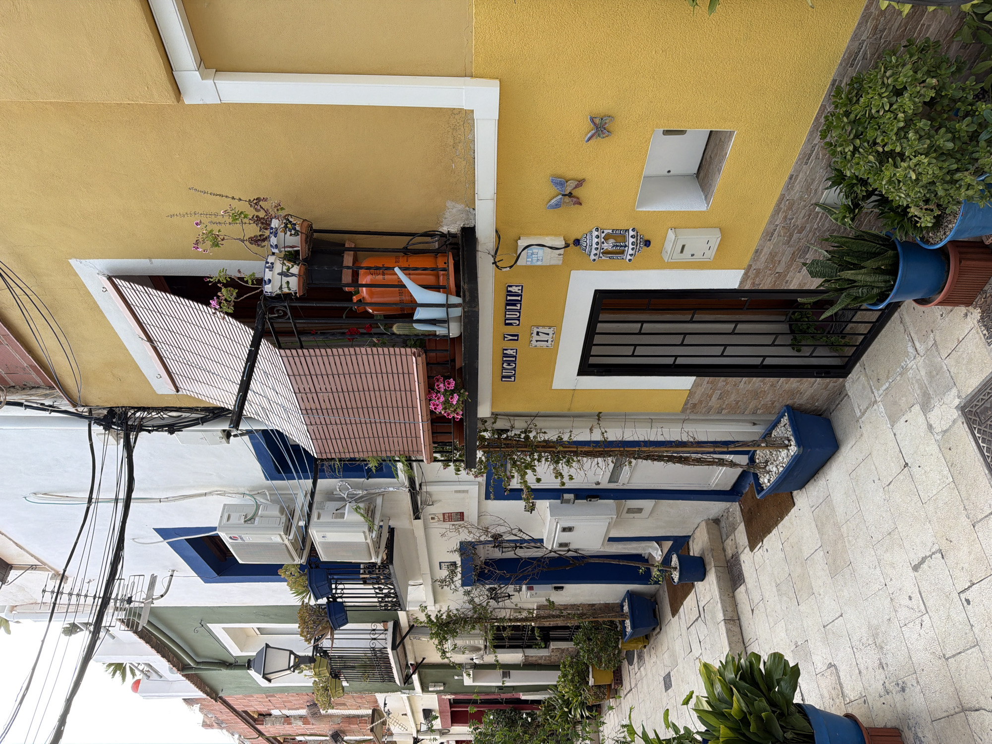 An exterior, eye-level shot captures a narrow, cobblestone alleyway lined with narrow, colorful buildings. The alleyway is partially shaded by the overhanging buildings. On the left, a white building with green trim features a black wrought-iron balcony with potted plants and an ornate black lamppost. Next to it, a white building with a blue-framed door has two air conditioning units mounted on its exterior. Further down, another white building with a blue-framed door is adorned with a white mailbox and a blue pot with a small tree.
On the right side of the alley, a vibrant yellow building dominates the foreground. It has a balcony with a red gas tank and a blue watering can. Above the doorway of this yellow building, the words "LUCIA Y JULIA" are written in yellow letters, with the number "17" below them. Two decorative butterfly figures are mounted on the yellow wall, along with an ornate blue and white lantern. The lower part of the yellow building is accented with a stone-like texture. Several potted plants, including snake plants and other leafy varieties, are placed along the alleyway and on balconies. Overhead, a tangled mess of electrical wires crisscrosses the sky. The scene depicts a charming and somewhat cluttered urban environment.