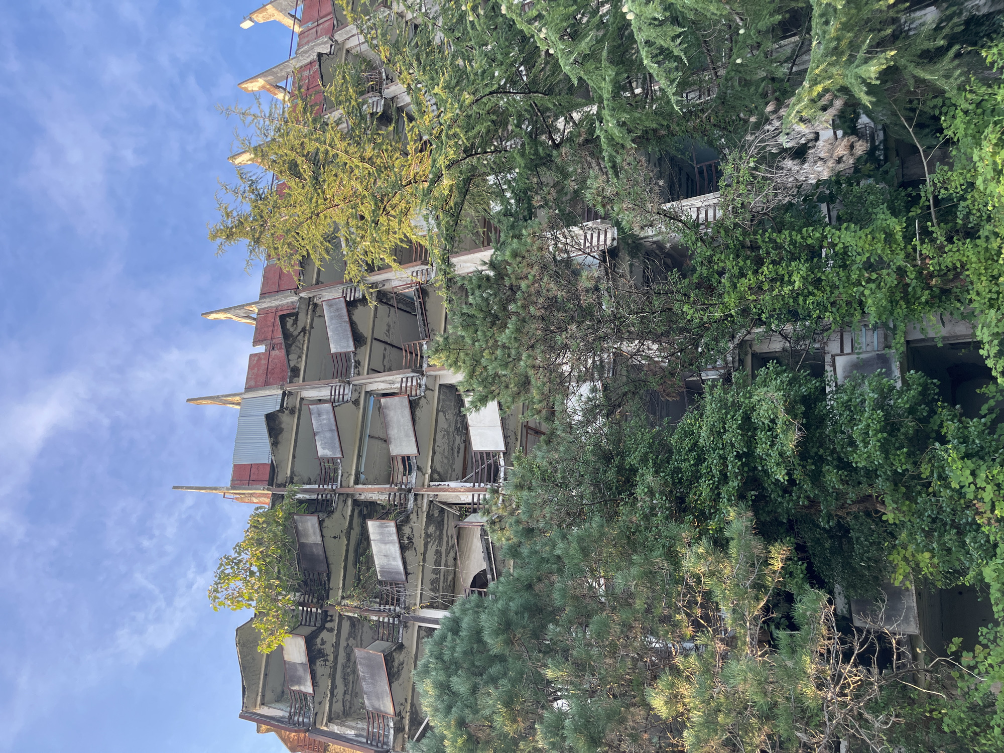 An abandoned, multi-story building in Ureki, Georgia, is overgrown with vegetation. The building appears to be in a state of severe disrepair, with crumbling concrete, rusted metal balconies, and missing windows. Lush green trees and plants have encroached upon the structure, with branches reaching into open doorways and windows. The sky above is a clear blue with sparse white clouds. The image captures a scene of nature reclaiming a man-made structure, suggesting a prolonged period of abandonment.