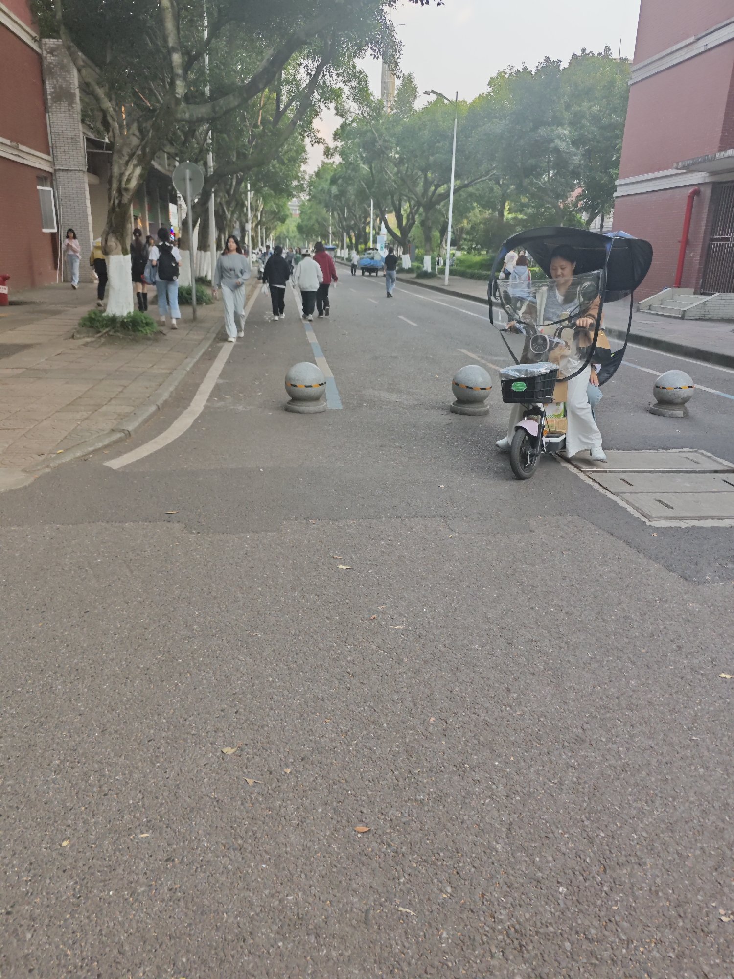 The image depicts a street scene in the Chongqing High-tech Zone, China. Several pedestrians are walking on the sidewalk adjacent to the road, with trees lining the side of the road. A woman is riding a light pink electric scooter with a black basket in front and a clear plastic cover over the top, stopping on the right side of the road. The road surface is gray asphalt with visible texture, and there are spherical concrete barriers placed at intervals to separate the pedestrian area from the road. A building is partially visible on both sides of the street, with red brick accents on the left. The sky is overcast, suggesting daylight hours.