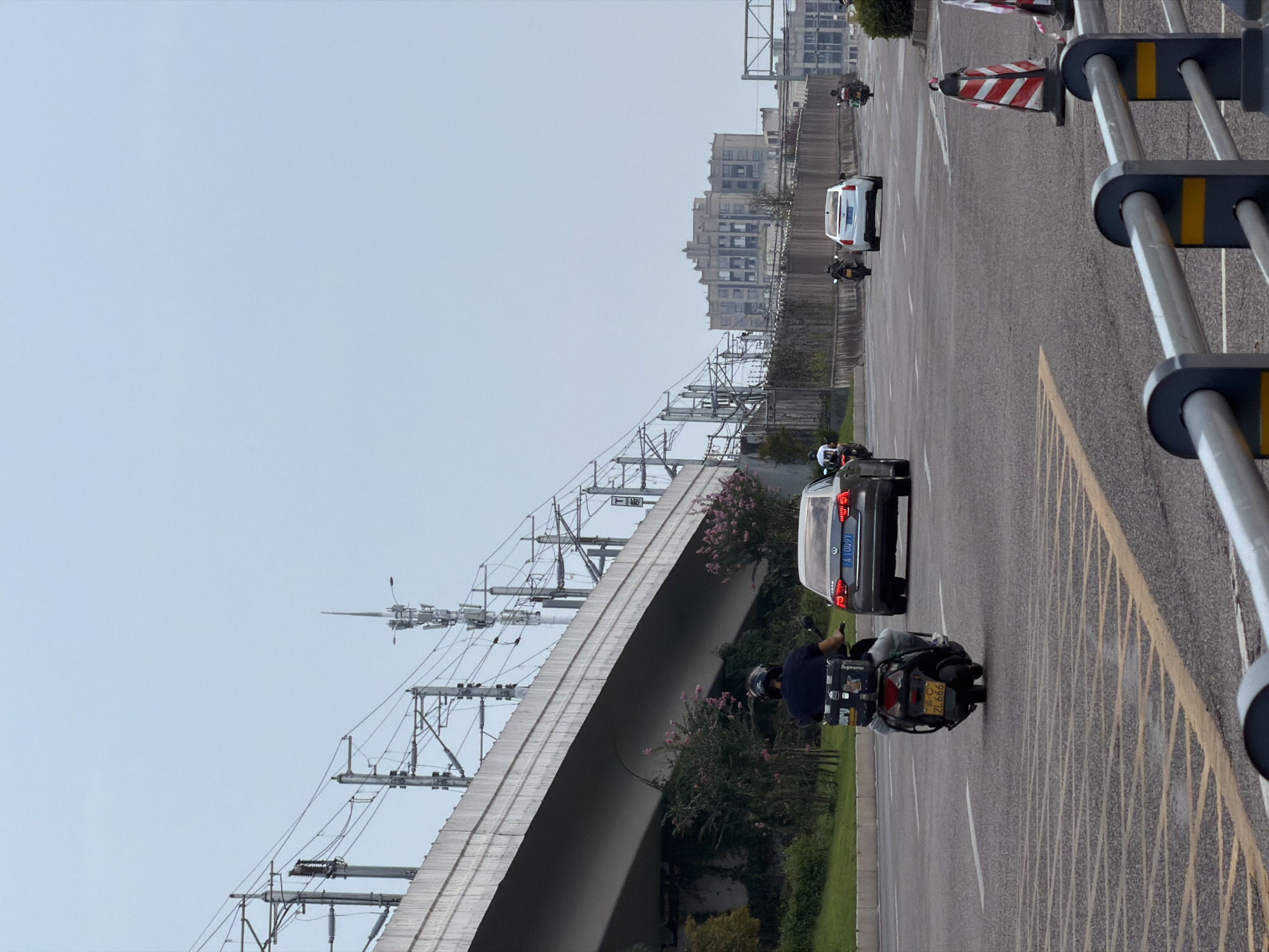The image depicts a street scene in Jiangjin, China, under an overcast sky. A multi-lane asphalt road runs horizontally across the frame, with traffic moving away from the viewer. In the foreground, a silver Volkswagen sedan with license plate "A 1009Y" is visible, as is a scooter with a rider wearing a dark helmet and a black backpack. The scooter's license plate is "ZL 666". Beyond the road, a raised concrete structure, likely part of an elevated railway or highway, dominates the left side of the image, supported by numerous pylons and adorned with a complex network of electrical wires and telecommunication antennas. A cluster of pink flowering bushes grows beneath the elevated structure. In the distance, a large, multi-story building with a distinctive architectural style is visible on the right, along with other urban infrastructure. The road is marked with yellow and white lines, and construction barriers are present on the right side of the road.