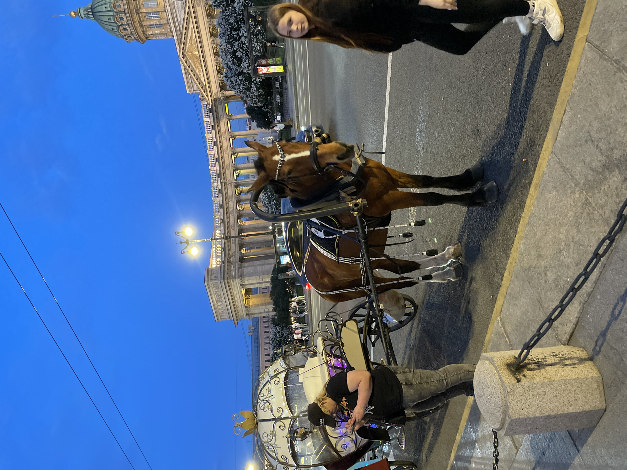 The image depicts an urban evening scene in Saint Petersburg, Russia, specifically on Nevsky Prospekt, with the Kazan Cathedral prominently visible in the background. The sky is a deep blue, indicative of dusk or early night, with two thin, parallel overhead wires extending across the upper portion of the frame. Streetlights are illuminated, casting warm light.
In the foreground, a brown horse, adorned with a decorative white and silver bridle, stands harnessed to an ornate, Cinderella-style carriage. The carriage features intricate white and gold metalwork and emits a soft purple glow. Standing next to the carriage on the left, an adult individual with light-colored hair, wearing a black baseball cap and a black t-shirt, is looking down at a smartphone. To the right of the horse, a young girl with long brown hair, dressed in a black top and trousers with white sneakers, stands facing slightly towards the camera.
The foreground also includes a stone bollard with a heavy metal chain connected to it, bordering a paved sidewalk. The sidewalk is separated from a darker asphalt road by a yellow line.
In the midground, behind the horse and carriage, a multi-lane road is visible, with a partial view of a vehicle behind the horse. Along the right side of the street, white blossoming trees and a bus stop or advertising kiosk are present.
The background is dominated by the majestic Kazan Cathedral, characterized by its large green dome topped with a golden spire, and a grand semicircular colonnade. Further to the left, another classical building with columns is visible, contributing to the architectural grandeur of the streetscape. Several pedestrians can be seen walking on the sidewalks in the distance.