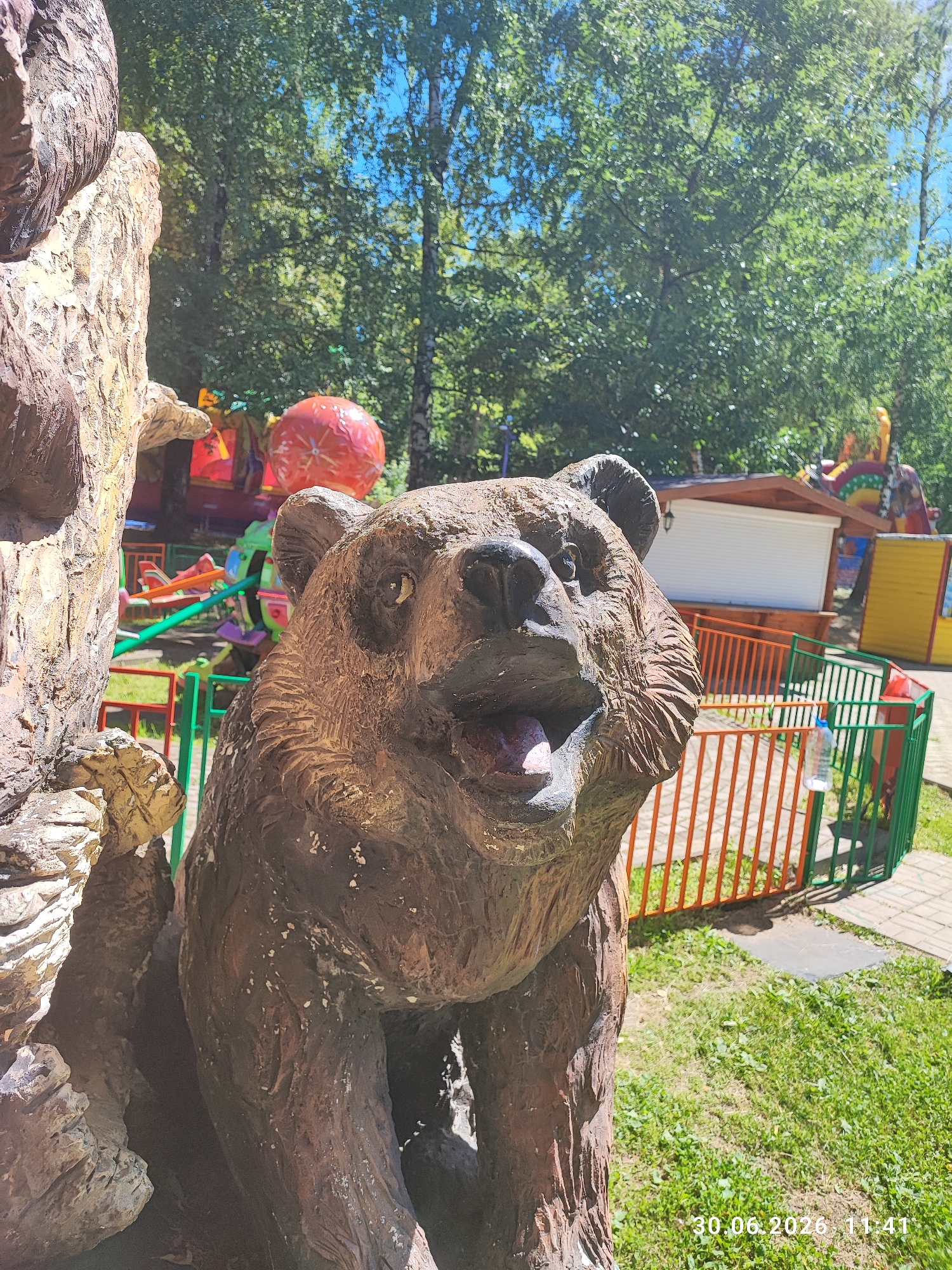This media file is a close-up, eye-level, outdoor photograph of a concrete sculpture of a bear in a park or amusement area. The bear sculpture is brown and appears to be carved to look like fur. Its mouth is open, revealing a pink tongue. The sculpture is positioned to the right of the frame, with a rock formation to its left.
In the background, there are colorful amusement park rides, including what appears to be a carousel and other smaller attractions. Several trees with lush green foliage are visible, suggesting it is summertime. The sky is bright blue with no visible clouds.
The foreground shows a grassy area with some paved pathways. A green and orange metal fence encloses part of the amusement area. A plastic bottle of water is hanging on the green fence. The overall scene depicts a sunny day at a recreational outdoor venue. The time stamp at the bottom right of the image reads "30.06.2026 11:41".