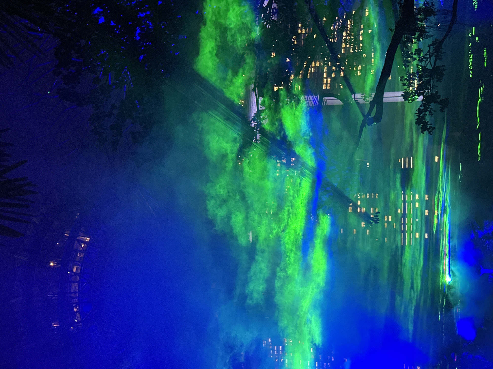 This is an image of an outdoor nighttime event, possibly a light show or concert, taking place in the city of Singapore. The scene is dominated by vibrant blue and green lights creating an aurora-like effect against a dark sky. In the background, the silhouettes of buildings with illuminated windows suggest an urban setting. A tree branch with leaves is visible in the foreground, adding a natural element to the artificial light display. The overall impression is one of a futuristic and immersive visual experience.