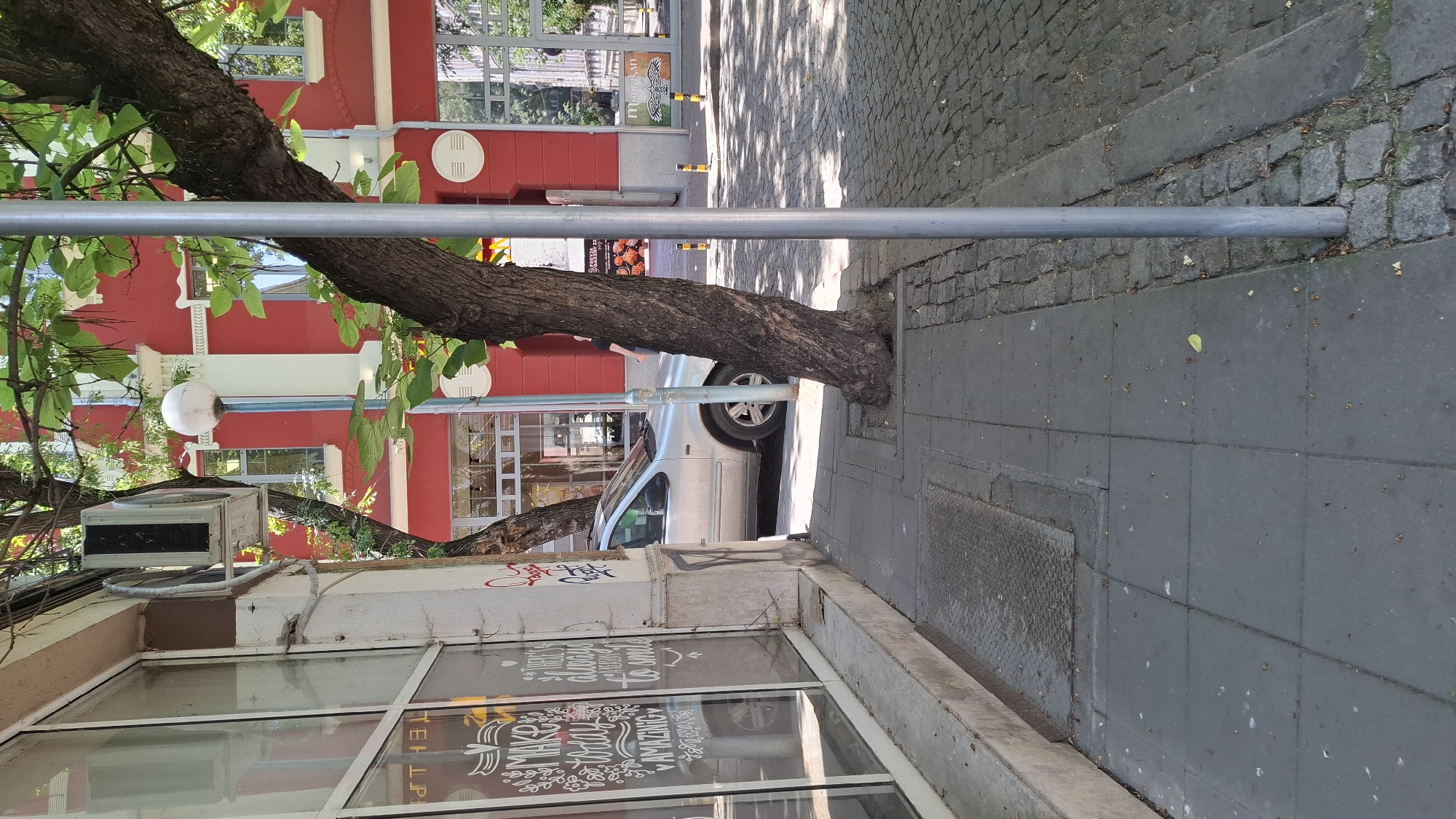 The image depicts a street scene in Plovdiv, Bulgaria, with a focus on a sidewalk and adjacent building. A silver car is parked on the street, partially obscured by a tree. The building features a red facade with white architectural details and large windows. An air conditioning unit is mounted on the exterior wall of the building to the left. The sidewalk is paved with gray concrete tiles, and there is a metal grate set into the pavement. To the right of the sidewalk, the street is paved with cobblestones. A metal lamppost stands on the sidewalk, and a large tree with a thick trunk grows through the sidewalk and leans towards the street. The overall impression is a typical urban environment on a bright, sunny day.