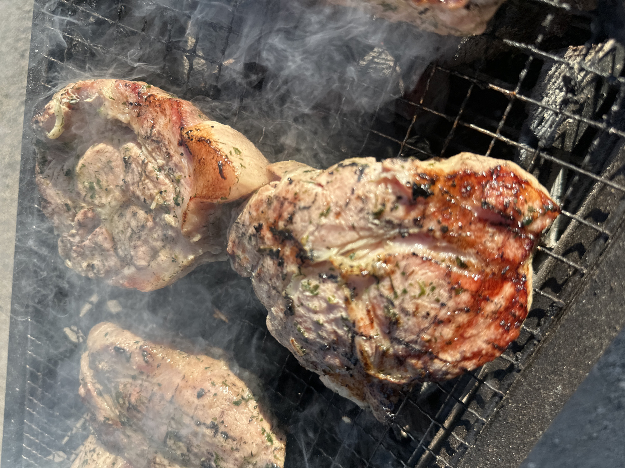 The image shows several pieces of meat grilling on a metal grate, with smoke rising from them. The meat appears to be seasoned with herbs. The grate is positioned over charcoal, and the scene has a slightly elevated, angled perspective. No specific location details within Blagoveshchensk, Russia, are discernible from the image. No people are visible.
