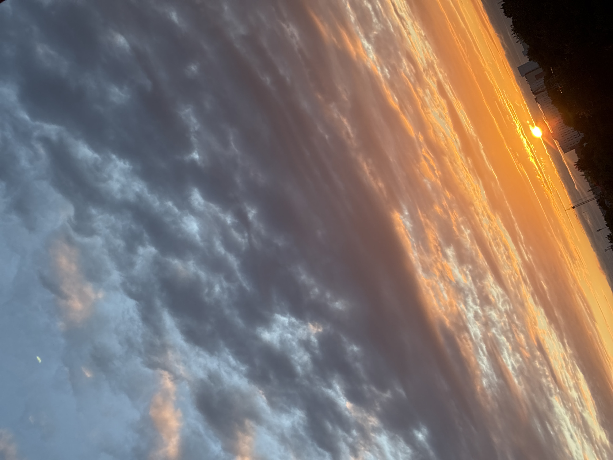 The image displays a dramatic sky filled with clouds during either sunrise or sunset. The sky is divided diagonally, with the left side dominated by dark, textured clouds that suggest an approaching storm or the remnants of one. These clouds are a deep grey with hints of blue and pink, creating a moody and atmospheric effect.
The right side of the image is ablaze with the warm, vibrant colors of the sun. Streaks of bright orange, yellow, and pink light are reflected on the underside of the clouds, giving them a fiery appearance. The sun itself is a bright, glowing orb, positioned low on the horizon, which is partially obscured by trees and buildings. The transition from the dark clouds on the left to the brilliant light on the right is striking, suggesting a powerful and dynamic natural event.
In the distance, along the horizon line, silhouetted trees are visible, as well as the outlines of buildings. There is also a hint of a construction crane, suggesting an urban or semi-urban environment. The overall mood is one of awe and intensity, capturing the raw beauty of the sky during a significant transition period of the day. The image's orientation is rotated, presenting a unique perspective of the celestial display.