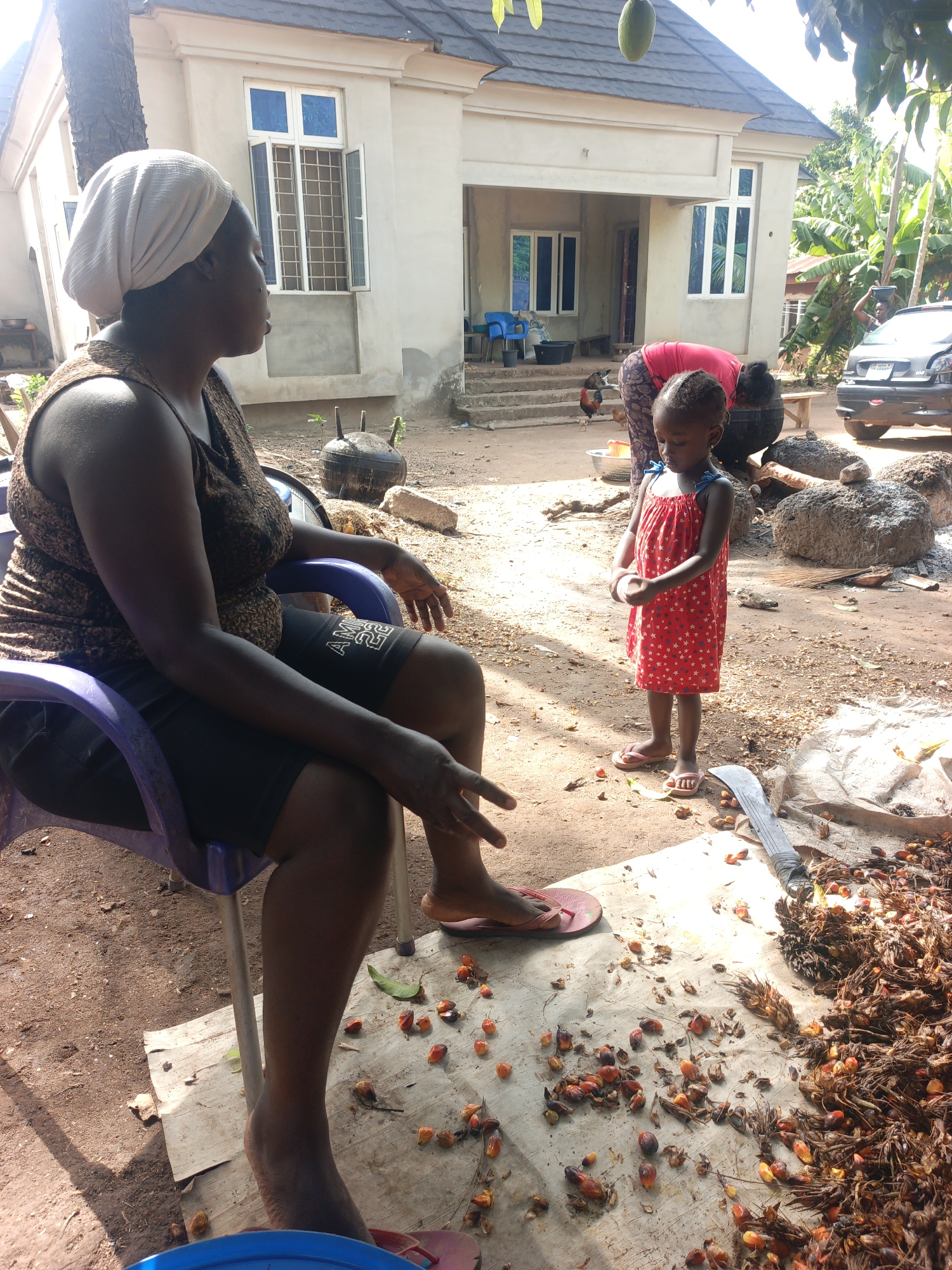 Akwanga, Nigeria: An adult female seated on a purple plastic chair wears a head wrap, a patterned tank top, and black shorts. She is barefoot. A young girl in a red dress with white stars stands nearby. A second adult bends over in the background. In front of the seated woman is a white sheet covered in palm fruit and debris. A large machete lies on the sheet. Behind the girl are rocks and what appears to be the remains of a fire. A house with white siding, windows, and a dark roof is in the background. A car is parked on the right. Trees are visible in the periphery.
