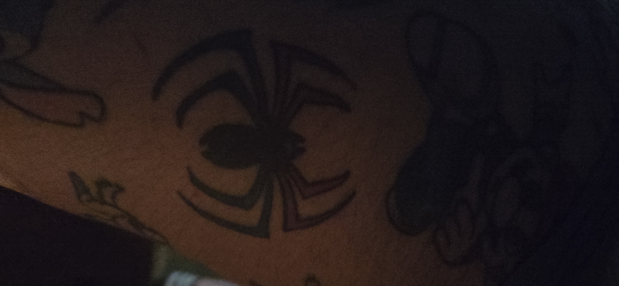 A close-up, dimly lit image showcases a section of a person's skin, likely an arm or shoulder, adorned with multiple tattoos. The focal point is a large, stylized spider tattoo, rendered primarily in dark, possibly black, ink. The spider's oval body is centrally placed, with its eight segmented legs extending outwards. Some segments of the legs on the lower right side appear to have a faint reddish or purple tint.
Surrounding the central spider, other tattoo designs are partially visible. To the left, there is an outline of what resembles a cartoon character's limb, wing, or an abstract symbol. Below the spider, faint outlines suggest additional intricate designs or patterns, though they are too indistinct to identify clearly. To the right, a large, dark, and amorphous area indicates another substantial tattoo, or possibly a heavily shadowed portion of the limb or clothing.
The image is characterized by low light conditions, giving it a somewhat grainy appearance. The background is dark and out of focus, directing all attention to the tattooed skin. There are no discernible location cues within the image itself to suggest Govedare, Bulgaria, and no clear, legible text is visible within any of the tattoos. The scene captures a static moment, highlighting the body art.