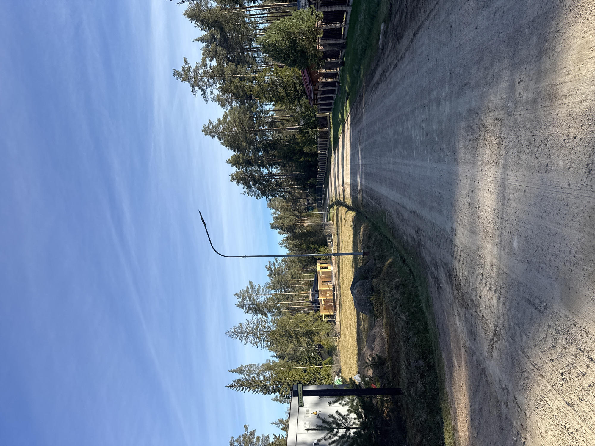 The image depicts a gravel road winding through a forested area under a clear blue sky. Tall pine trees line both sides of the road. A street lamp stands on the left side of the road. In the background, a partially constructed wooden frame building is visible, as is an electrical transformer box. The image does not show people, actions or interactions. There is no information that the image is in Aleksandrovka, Russia.
