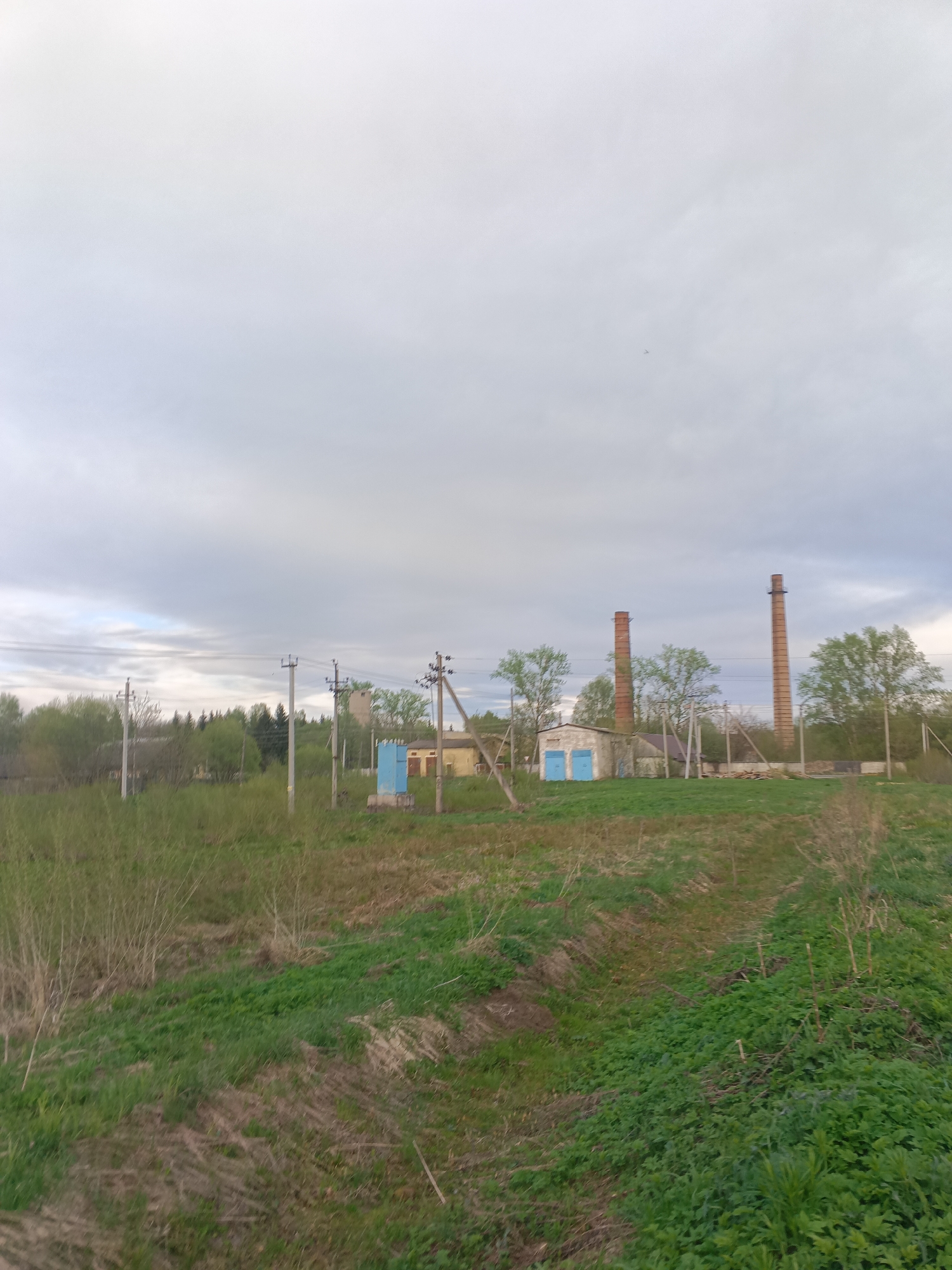 The image depicts a rural scene in or near Красный Маяк, Russia, under a cloudy sky. The foreground is dominated by a grassy field with visible tire tracks, suggesting vehicle movement. In the midground, there is a dilapidated, single-story industrial building with two prominent brick chimneys. The building is painted with a beige facade and has blue doors. Electrical poles and wires traverse the landscape, and trees are scattered throughout the scene. In the background, a line of trees indicates the edge of a forest or another property boundary. There are no people visible in the frame. The scene conveys a sense of abandonment and rural decay.