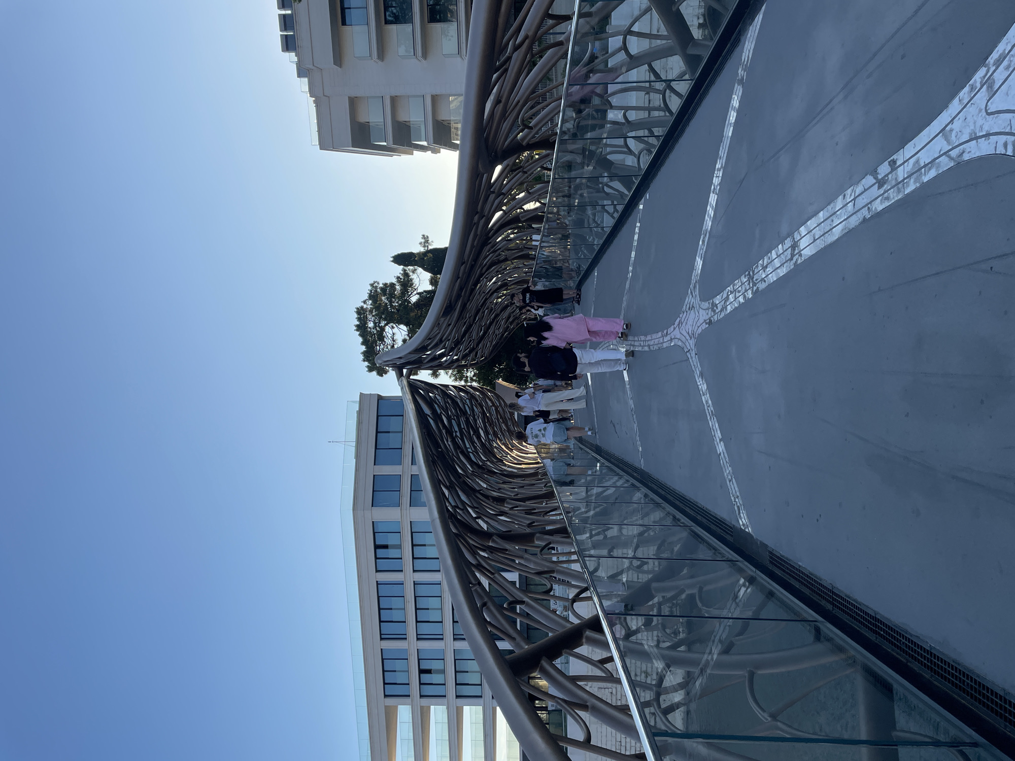 The image captures a modern, architecturally striking pedestrian bridge with a unique, organic design featuring intertwining metal elements. A group of people, dressed in casual summer attire, are walking across the bridge. The individuals are diverse in age, and their expressions are not clearly discernible. One person in the foreground is wearing a pink outfit, while others are in white or dark clothing.
The bridge itself is a prominent object, with a sleek, grey walkway and a protective glass railing that offers a view of the surrounding structures. The walkway features a decorative pattern with embedded reflective materials, creating a shimmering effect. To the left of the bridge, a contemporary building with multiple floors and large windows is visible. Further in the background, mature trees with lush green foliage are present.
The scene is bathed in the bright, clear light of a sunny day, with a vast expanse of blue sky dominating the upper portion of the image. The angle of the sun suggests it is either early morning or late afternoon. The overall ambiance is peaceful and urban, with a sense of leisure as people traverse the stylish bridge.
There is no visible text in the image. The location context of Sochi, Russia, aligns with the modern architecture and the clear, sunny weather often experienced in the region. The image conveys a sense of urban exploration and appreciation for contemporary design in a pleasant outdoor setting.