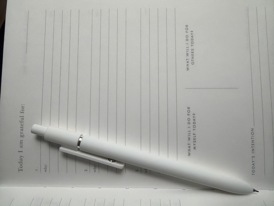 This image depicts a close-up, top-down view of an open white planner or journal, with a white retractable pen resting diagonally across its pages. The planner pages are marked with grey lines and text.
The left page features the header "Today I am grateful for:", followed by numbered prompts: "1.", "why:", "2.", "why:", and partially visible "3.", "wh". Below these, centered on the lower half of the left page, is the question "WHAT WILL I DO FOR MYSELF TODAY?". Further down, spanning both pages, is the phrase "TODAY'S INTENTION". The right page is lined and includes the question "WHAT WILL I DO FOR OTHERS TODAY?" on its lower right section.
The pen is opaque white with a silver-colored metallic clip, and its tip is positioned near the lower left corner of the left page. The overall scene suggests a personal planning or reflection activity. No individuals are present. The environment cannot be specified as New York, United States of America, as there are no discernible geographical markers in the image.