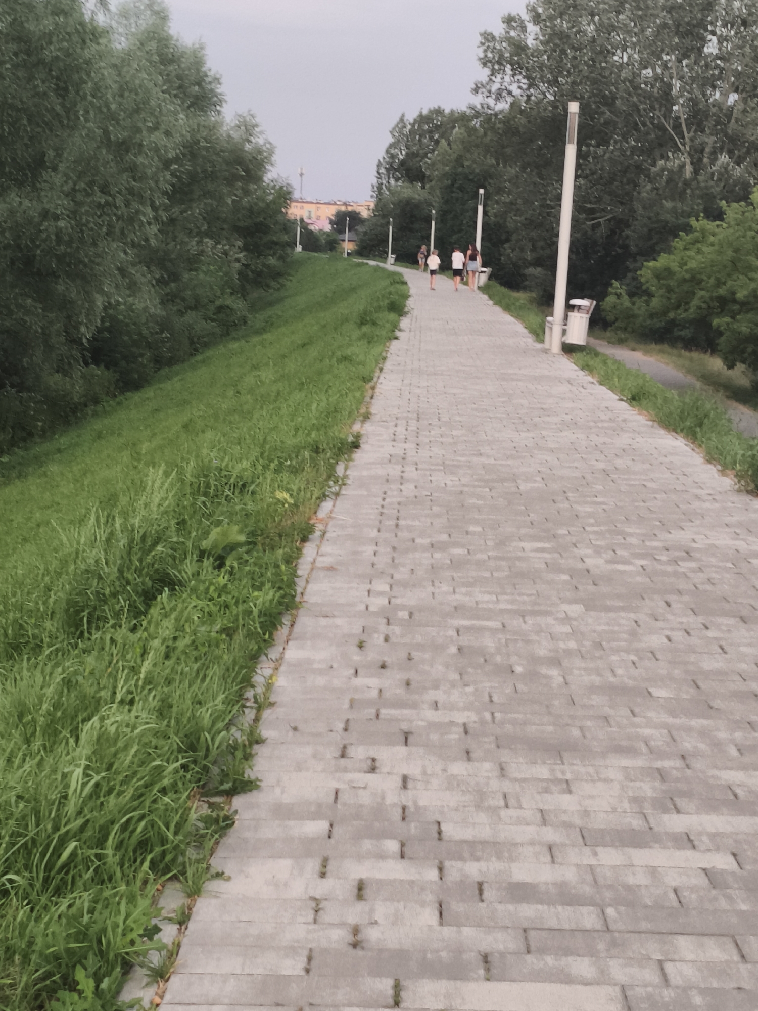 This media file depicts a paved walkway alongside a grassy embankment lined with trees, suggesting a park or riverside setting. The pathway is made of grey rectangular pavers and stretches into the distance, curving slightly to the right. A group of people, consisting of at least four individuals, are walking away from the camera on the pathway. They are dressed casually.
The scene appears to be outdoors, with lush green grass and trees dominating the left and background. Several modern-looking lampposts are positioned along the walkway, and one trash receptacle is visible near the lampposts. In the far distance, a multi-story building with a light-colored facade and some darker accents can be seen peeking through the trees, possibly indicating a town or urban area adjacent to the park.
The sky is overcast, suggesting a cloudy or possibly damp day. The lighting is soft, and there are no strong shadows, consistent with an overcast sky. The time of day is likely late afternoon or early evening, given the diffused light. There is no visible text in the image. The overall mood seems relaxed and peaceful, with people enjoying a walk in an outdoor, possibly recreational, area. The location is identified as Nowy Dwór Mazowiecki, Poland.