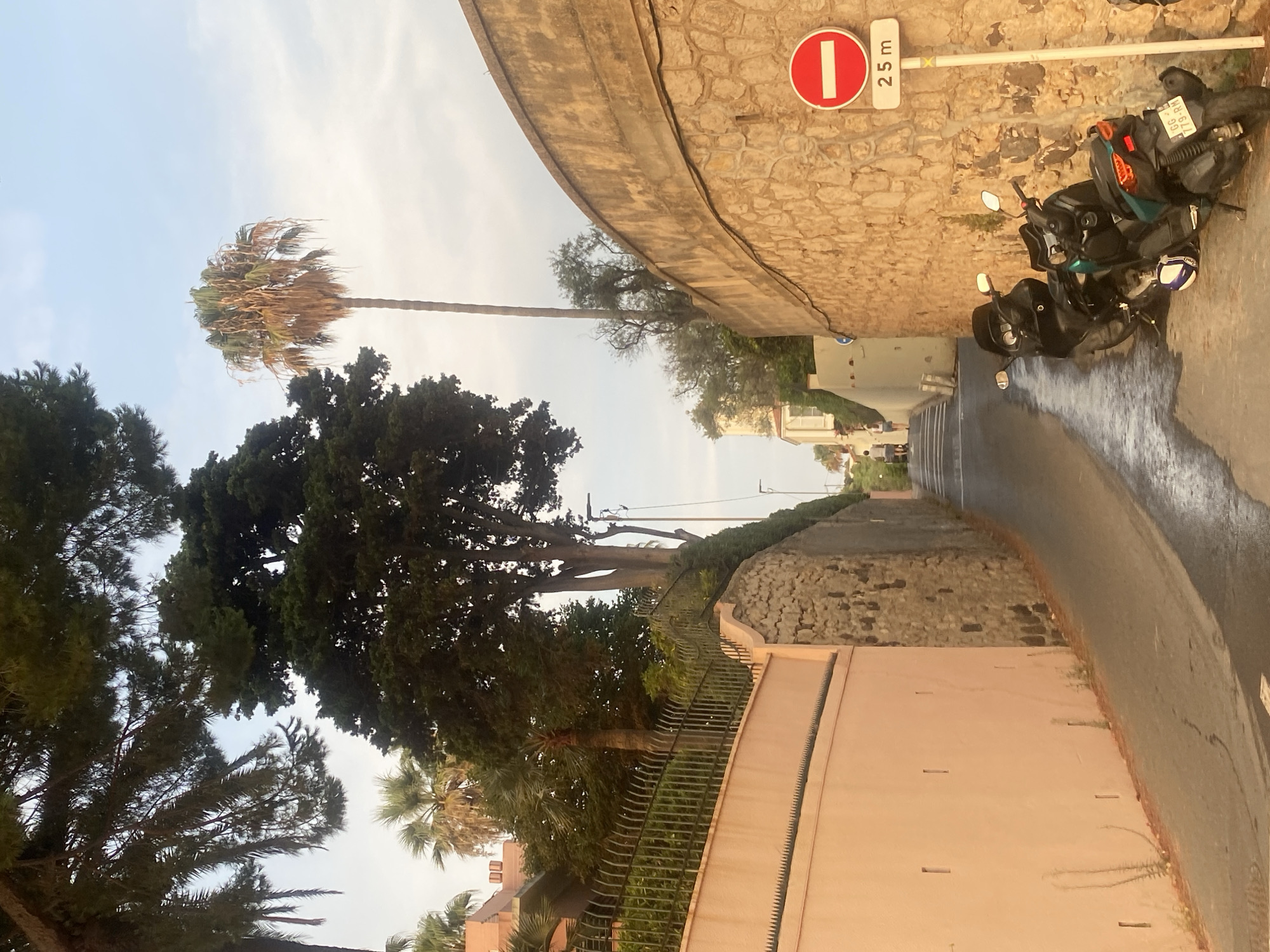An upward-angled, wide shot captures a narrow, winding asphalt street in Antibes, France, lined with aged stone and stucco walls. The street is damp, reflecting the soft light of late afternoon. Two dark-colored scooters are parked on the right side of the road, near a traffic sign prohibiting entry, indicating a distance of 25 meters. Above the scooters, a weathered, tan stone wall curves along the street, transitioning into a dark, textured wall further down. Lush green trees and palm trees flank the scene, with a tall, slender palm tree dominating the upper right portion of the frame, its fronds reaching towards a pale blue sky. In the distance, at the top of the incline, two individuals can be seen walking away from the camera. The left side of the street features a pastel pink stucco wall topped with a black metal fence, punctuated by small, rectangular openings. The overall atmosphere is one of quiet, sun-drenched serenity, typical of a Mediterranean town.