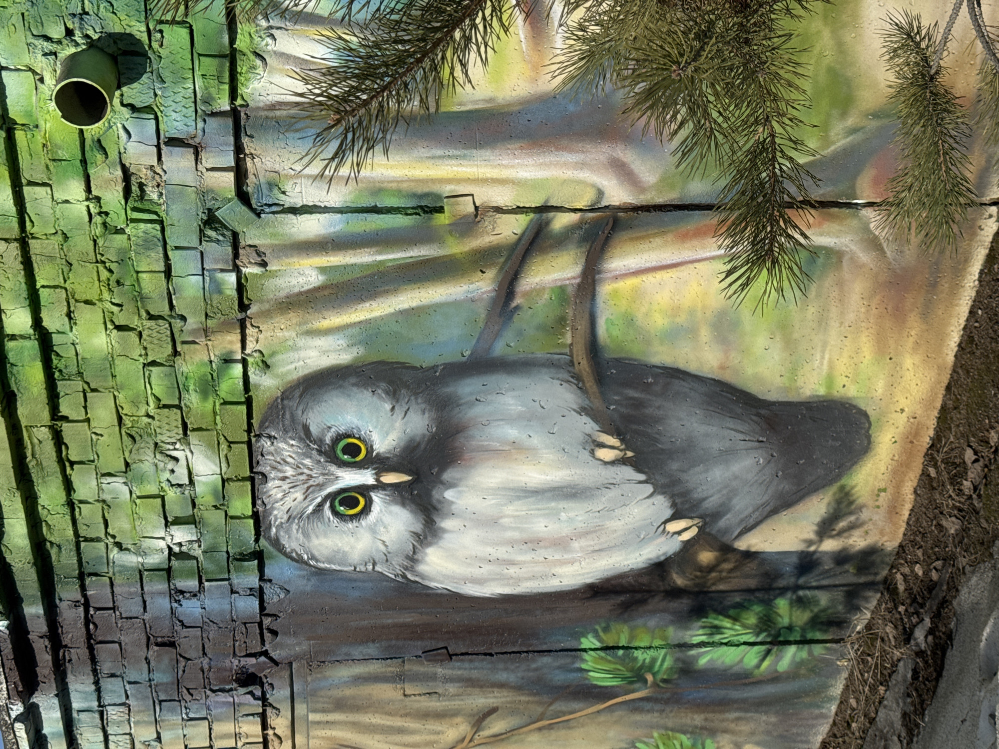 The image shows a section of painted concrete infrastructure in Chaikovsky, Russia. An owl mural, painted on what appears to be a concrete utility structure, features a grey and white owl perched on a painted branch. Above the owl, there are pine needles. To the left of the owl is painted brickwork. An open pipe protrudes from the brickwork in the upper left corner of the image. The overall environment appears to be outdoors, possibly a park or roadside.