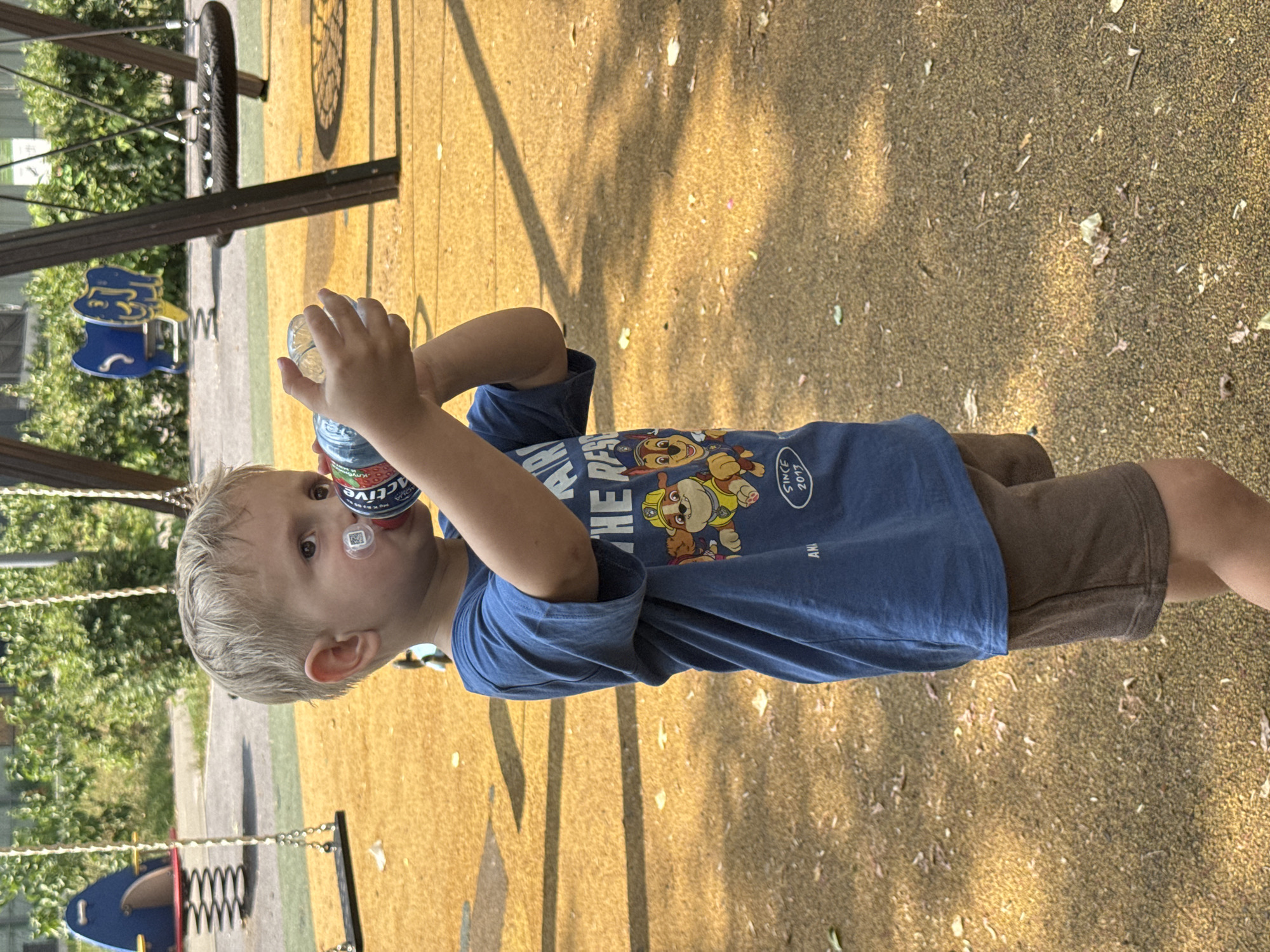 A young boy with blonde hair is drinking from a plastic bottle on a playground. He is wearing a blue t-shirt with a cartoon character design and brown shorts. The playground has a rubberized surface and playground equipment, including swings and a blue spring rider. The background shows trees and more playground equipment. The overall scene suggests a sunny day at a public park.