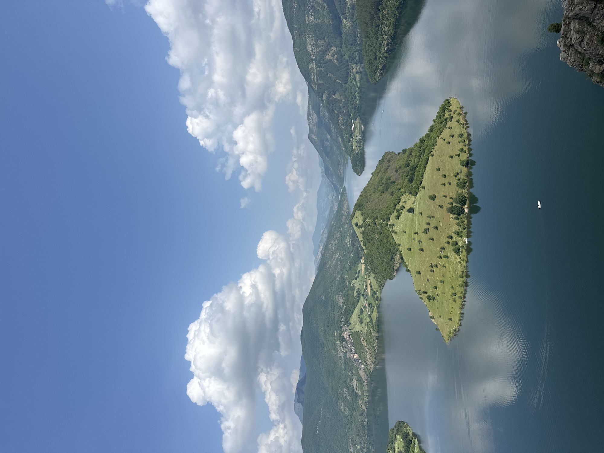 This panoramic landscape photograph captures the serene beauty of a large reservoir nestled within a mountainous region, identified as Borovitsa, Bulgaria. The upper portion of the frame is dominated by a clear, bright blue sky adorned with scattered, fluffy white cumulus clouds, some of which are also subtly reflected on the water's surface.
The expansive body of calm, dark blue-green water occupies the majority of the image, stretching into the hazy distance where it meets distant mountains. A prominent, elongated landmass, appearing as either a large island or a peninsula, occupies the mid-ground. It is covered in vibrant green grass with numerous scattered trees and descends gently into the water. This landform helps define the shape of the reservoir, with water extending on both sides.
Surrounding the water are steep, verdant mountains and hills, densely covered with trees, particularly along their slopes. Along the distant shores, small clusters of buildings, indicative of villages or scattered houses, are visible. A single small, white boat floats peacefully on the water towards the right side of the main body, adding a subtle touch of human presence to the otherwise natural scene.
The image is captured in bright daylight, suggesting a clear and pleasant day, likely mid-morning or early afternoon, given the strong illumination. The overall mood is tranquil and majestic, showcasing the natural grandeur of the landscape. No visible text is present in the image.