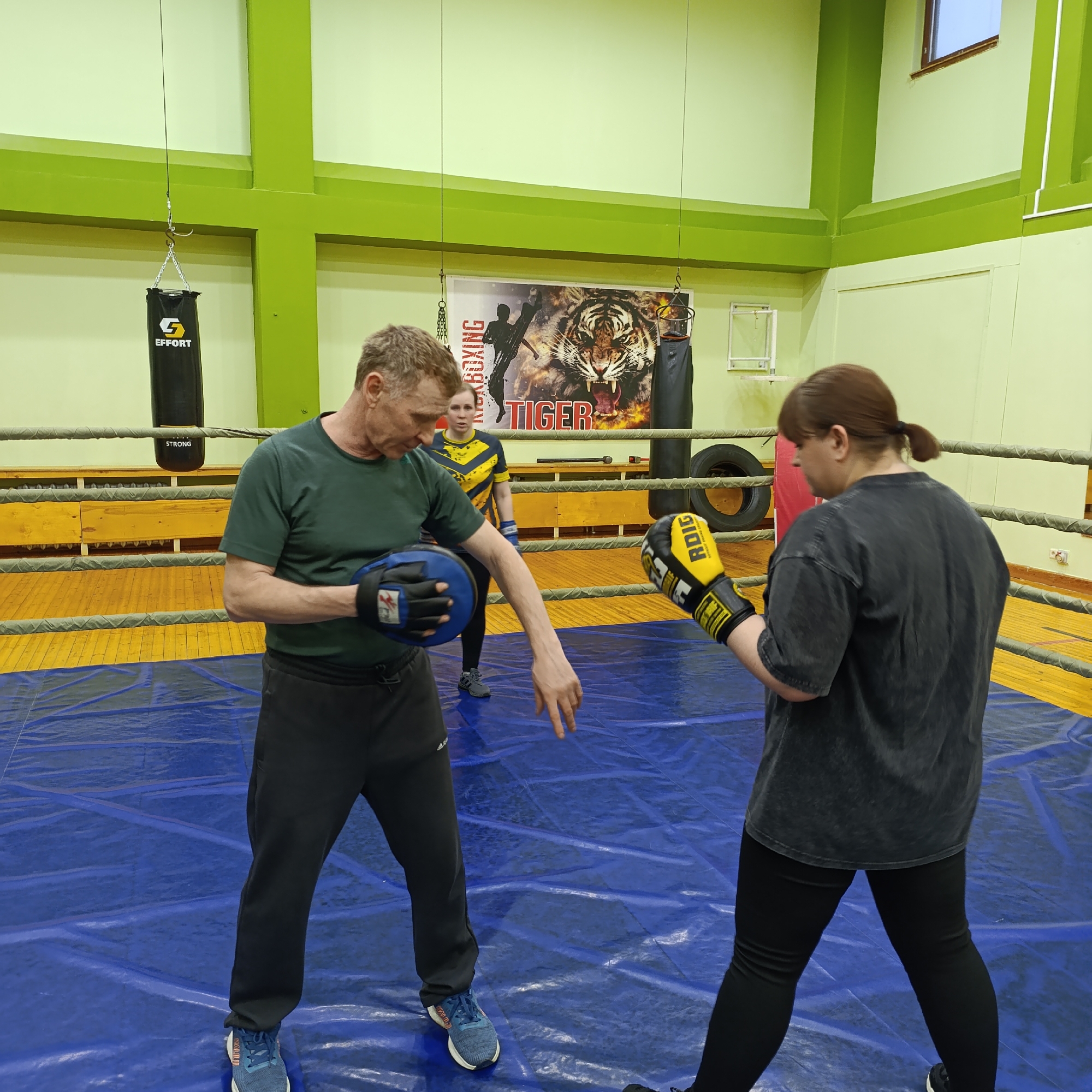 Here is a forensic description of the image:
**Scene:** The image depicts an indoor boxing ring located in an unidentified city.
**People:**
* An older adult male, wearing a green t-shirt and dark sweatpants, is holding blue boxing mitts and gesturing with his free hand.
* A person with dark hair pulled back into a ponytail, wearing a gray t-shirt, black leggings, and yellow and black boxing gloves, is positioned facing the male.
* A third person, wearing a yellow and black shirt, is standing in the background.
**Objects:**
* Boxing ring with blue mat and rope enclosure
* Boxing mitts (blue)
* Boxing gloves (yellow and black)
* Hanging punching bag (black)
* Poster with a tiger and the word "TIGER BOXING"
* Tire hanging in the background.
**Actions/Interactions:**
* The older male appears to be instructing the person with the ponytail in boxing techniques, based on his stance, the mitts, and his hand gesture.
* The person with the ponytail is prepared to receive a punch, based on the boxing gloves.
**Environment:**
* The boxing ring is located in a room with light green walls and green support beams.
**Note:** Specific details regarding the city or precise location within a city are not identifiable from the image.
