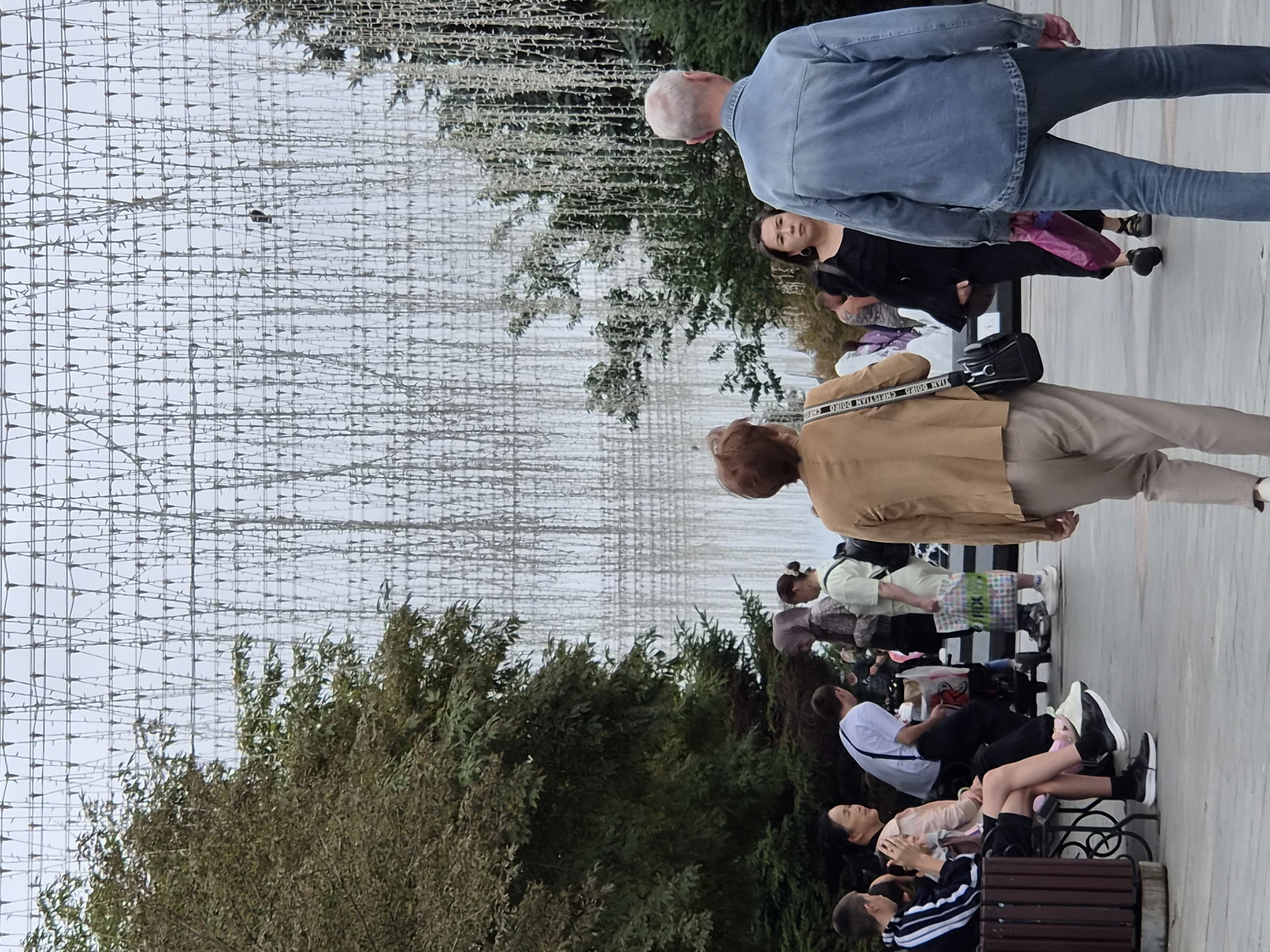 The image depicts a street scene in Vladivostok, Russia, characterized by a dense arrangement of hanging lights creating an overhead canopy. In the foreground, several individuals are visible. A man with gray hair and a blue denim jacket walks away from the camera. To his left, a woman with short brown hair and a tan jacket is also walking away. Behind her, a woman with dark hair in a black top is looking towards the camera. Further to the left, a group of people are seated on a bench. One person, wearing a black and white striped jacket, is on the far left. Next to them, a woman in a light pink jacket and black shorts is seated, with her legs crossed. Another person in a white shirt is standing. The background features trees and a large structure adorned with numerous hanging strings of white lights, creating a curtain-like effect. The overall atmosphere appears to be an outdoor public space, possibly a pedestrian street or park.