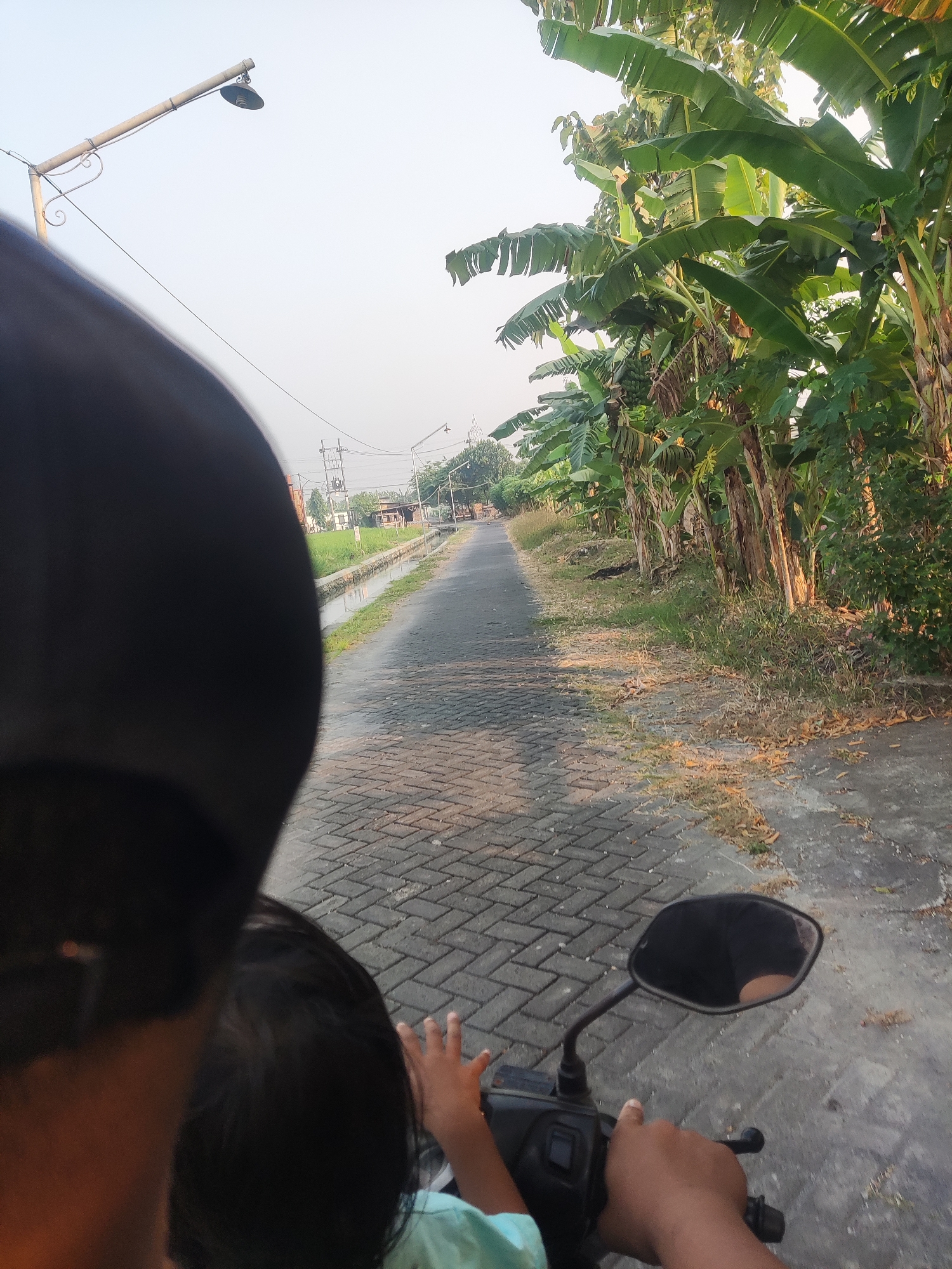 The image captures a perspective from the back of a motorcycle traveling on a paved road in Karangbong, Indonesia. In the foreground, the head of the rider wearing a black helmet is visible, with a child's head with dark hair partially obscured behind it. The child's right hand is extended towards the right side of the frame. The motorcycle's handlebars and a black rearview mirror are prominent in the lower right section of the image. The road is paved with grey interlocking bricks. To the left of the road, a narrow concrete drainage canal runs alongside a grassy area. Further left, a field and some houses are visible, along with utility poles and wires. On the right side of the road, a dense line of banana trees with large green leaves stretches into the distance, with some dry leaves and grass at their base. A street lamp on a pole is visible in the upper left corner against a bright sky. The overall lighting suggests it is daytime, possibly late afternoon given the warm tones of the light.