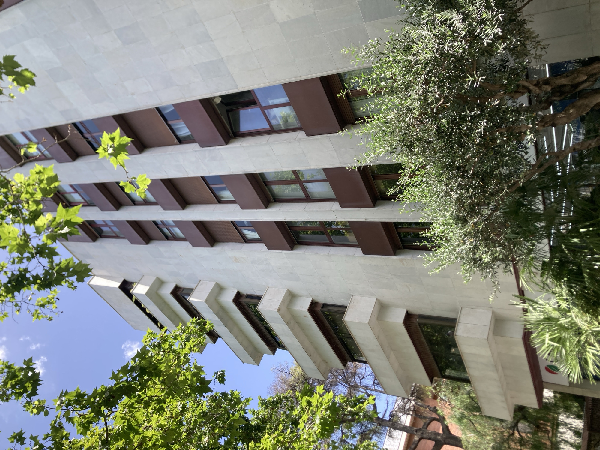 The image shows a modern building in Barcelona, Spain, with a light-colored facade and dark brown window frames. The building has a series of balconies that jut out from the structure, creating a layered effect. Lush green trees, including a prominent olive tree in the foreground, surround the building, with their branches and leaves partially obscuring the view of the architecture. The sky above is clear and blue with scattered white clouds. The perspective is low-angle, looking up at the building from ground level, emphasizing its height and the surrounding greenery. The scene depicts an urban environment with a significant presence of nature.