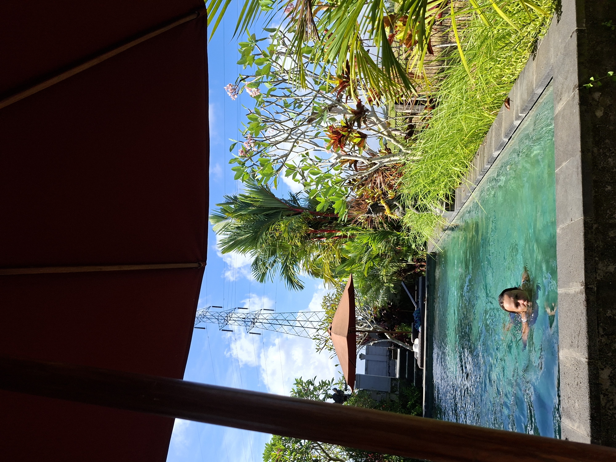 A photograph taken in Ubud District, Indonesia, presents an outdoor swimming pool scene. A person swims in the aquamarine-colored water, bordered by dark stone. Adjacent to the pool is verdant foliage, including long grasses and various tropical plants. In the background, an electricity pylon is visible against a blue sky dotted with scattered clouds. A red umbrella partially obscures the left side of the frame. Another red umbrella and structures, potentially part of a building, are also visible behind the tropical plants.