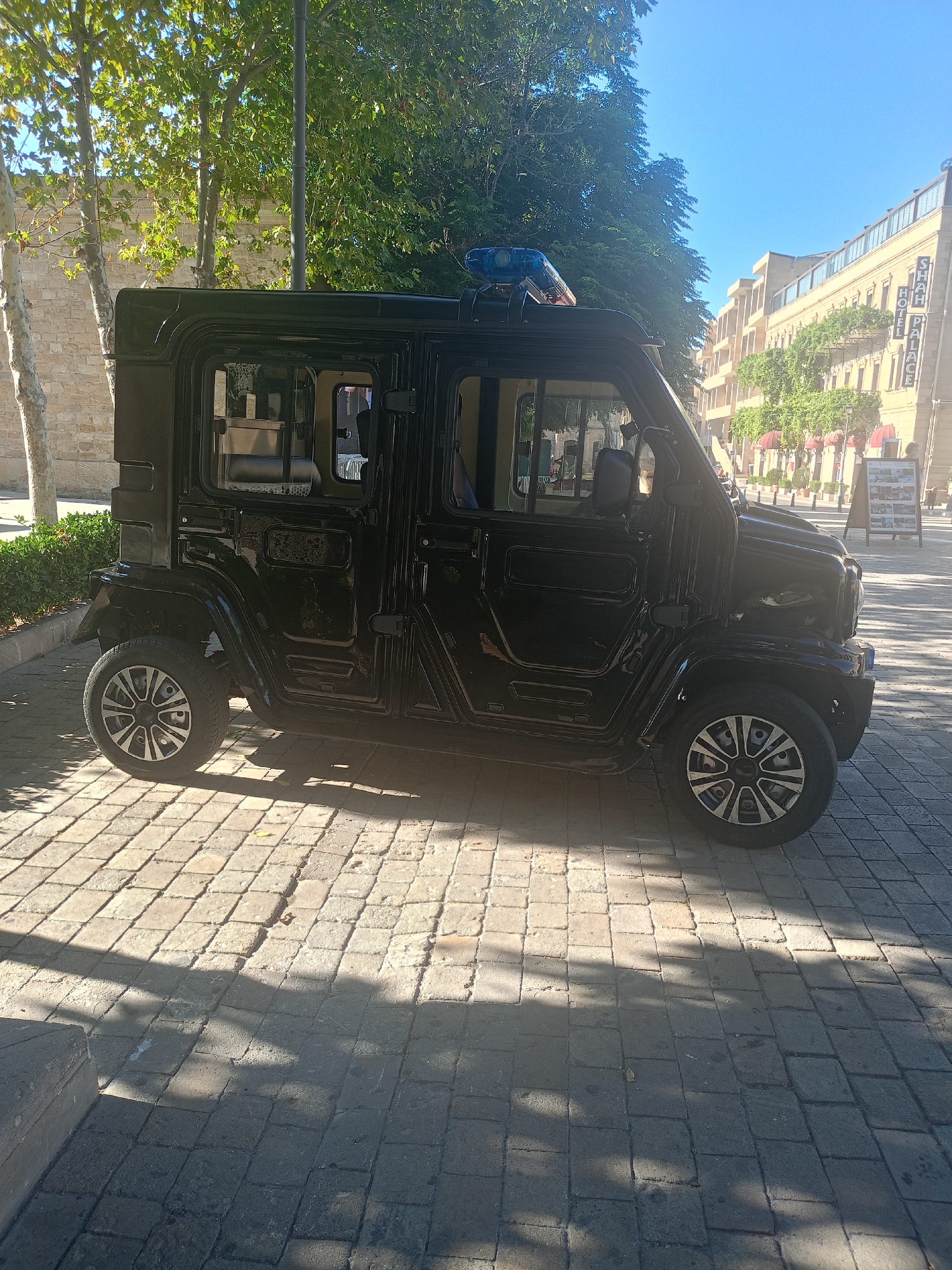 A black, small, enclosed vehicle with a blue light bar on its roof is parked on a brick-paved sidewalk. The vehicle appears to be a golf cart or similar low-speed electric vehicle, with a boxy cabin and large windows. The front of the vehicle is angled towards the right of the frame. The sidewalk is illuminated by sunlight, casting shadows from trees and the vehicle onto the ground. In the background, there are trees with green leaves and a building with a sign that reads "HOTEL SHAH PALACE". The sky is clear and blue. The scene depicts an urban environment on a sunny day.