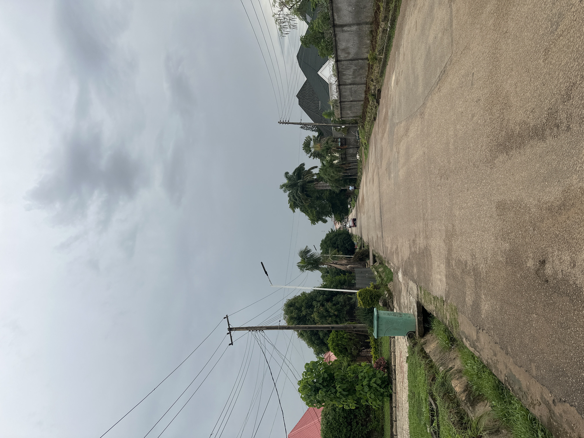 This is a vertical, eye-level shot of a paved road in a residential area. The sky is overcast with heavy, grey clouds, suggesting a gloomy or potentially rainy day. The road is rough and textured, with a narrow concrete drainage channel running alongside it on the left.
On the left side of the road, there are houses with peaked roofs, some appearing modern with large windows and white accents, while others have classic red tiled roofs. Lush green trees and palm trees are abundant, creating a verdant, tropical feel. There are also power lines crisscrossing the scene, supported by wooden utility poles, one of which is quite prominent in the foreground. A green garbage bin with wheels is placed near the drainage channel, adding a touch of everyday life to the scene.
In the distance, a few cars are visible on the road, indicating a quiet, residential street. No people are clearly discernible. The overall mood is calm and slightly somber due to the weather. The scene appears to be set in a suburban or semi-urban environment, given the mix of residential buildings, vegetation, and utility infrastructure. The location context points to Abuja, Nigeria. No visible text is present in the image.