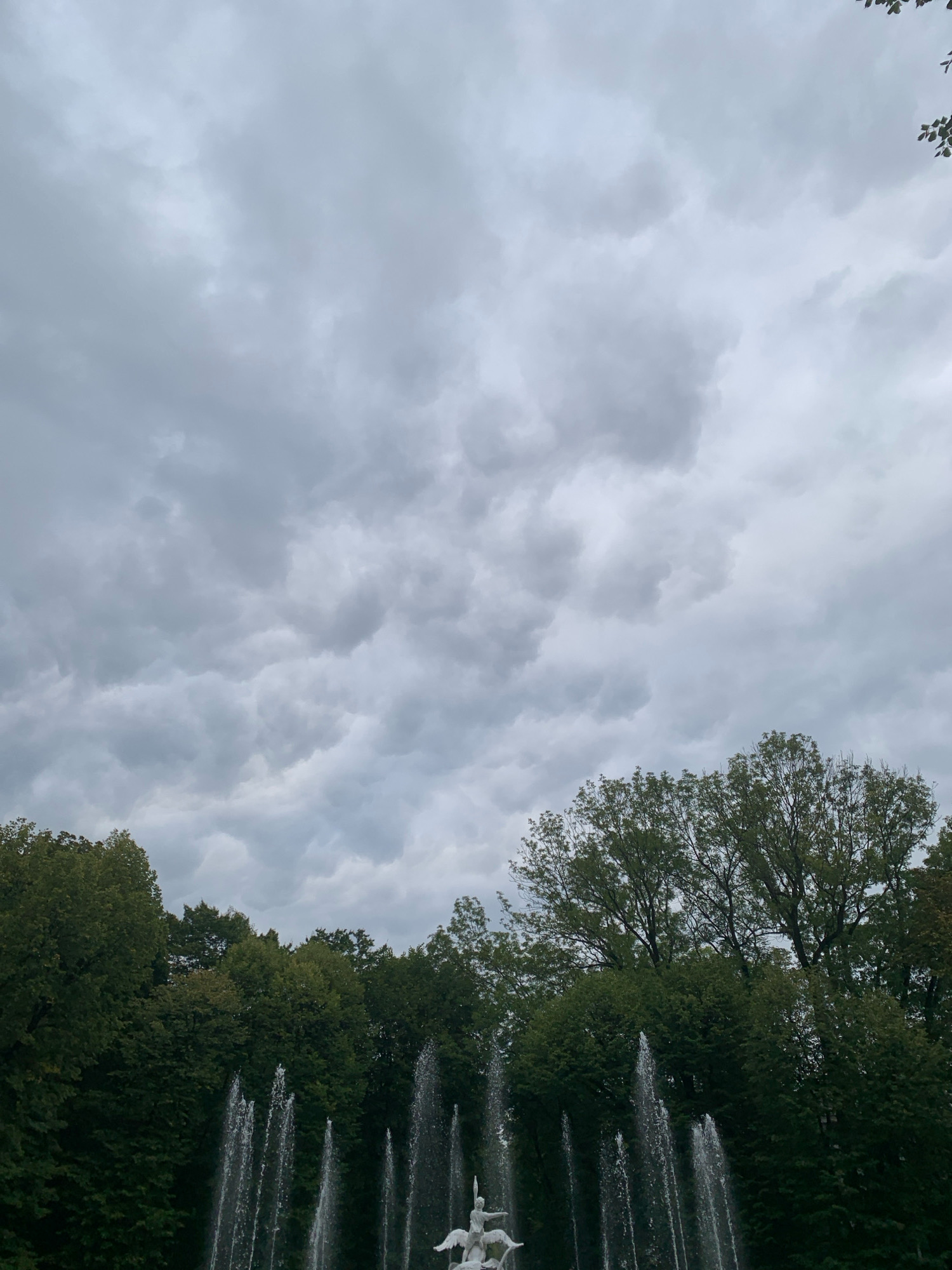 The image captures a serene view of a fountain with multiple water jets reaching upwards against a backdrop of lush green trees. Above the trees, a cloudy sky fills the frame, with the clouds appearing dense and gray, suggesting an overcast day. In the foreground, part of a white sculpture is visible, partially submerged in the water of the fountain. The scene is devoid of any people. This image is located in Lviv, Ukraine, likely within a park or garden that features water installations.