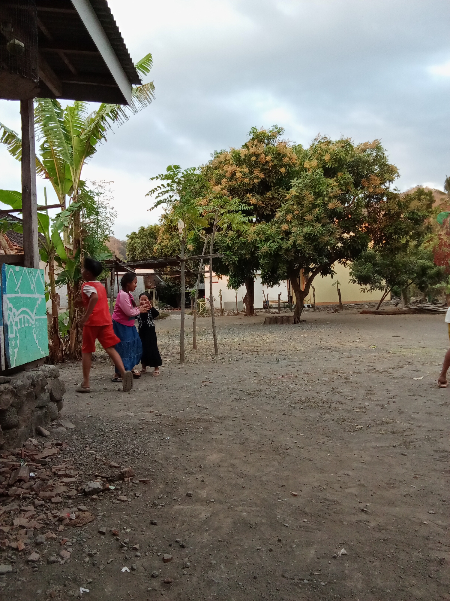 In Selowogo, Indonesia, a group of three children is interacting with a drawing on a board. A boy in an orange shirt and shorts is positioned to the left of the board, facing it and appearing to be in motion. To his right, two girls are standing close together. One girl is wearing a pink shirt and a blue skirt, and the other is in a black dress. The background shows a dusty yard with scattered debris, including rocks and broken bricks near a low stone wall on the left. Several trees are visible, one of which is large and leafy with clusters of orange-brown blossoms. A simple wooden structure with a corrugated metal roof is partially visible on the far left. The sky is overcast with a grayish hue. The overall scene suggests an outdoor activity or game taking place in a somewhat unkempt residential or communal area.