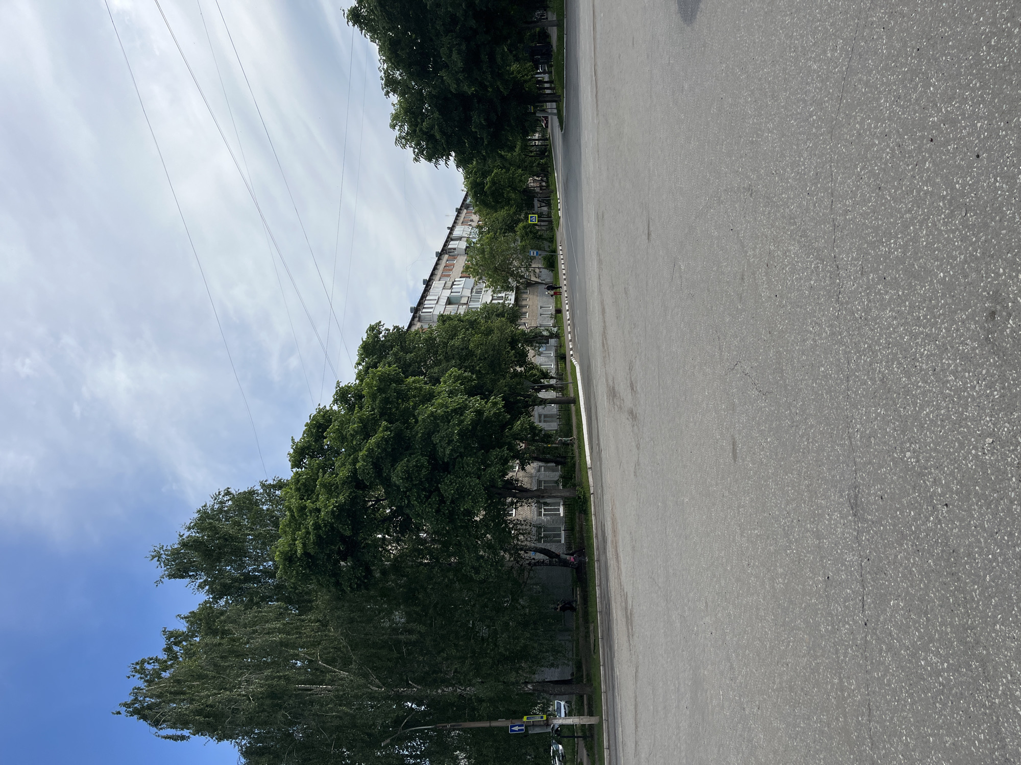The image depicts a residential street scene in Chaikovsky, Russia, captured during the daytime. The perspective is from the roadside, looking down a street lined with trees and buildings.
On the left side of the frame, a multi-story apartment building, light gray in color, is partially visible behind a dense line of leafy green trees. Many windows and balconies are discernible on the building's facade, some of which appear enclosed. Several small figures, likely people, are faintly visible seated or standing near the base of the trees, close to the building. Among the foliage, a yellow triangular road sign with a black pedestrian symbol is visible, indicating a pedestrian crossing. Further down and closer to the road, a blue square sign with a white arrow pointing left is also present.
The right side of the image is dominated by a gray asphalt road, which stretches into the distance. The road surface shows a speckled texture. A white-painted curb separates the road from the vegetated area on the left.
The sky above is a mix of clear blue and scattered white, wispy clouds. Several thin power or communication lines crisscross the upper portion of the frame against the sky. The overall atmosphere is calm and suggests an ordinary day in a residential area. No specific text is legible on the visible signs, only their symbolic representations.