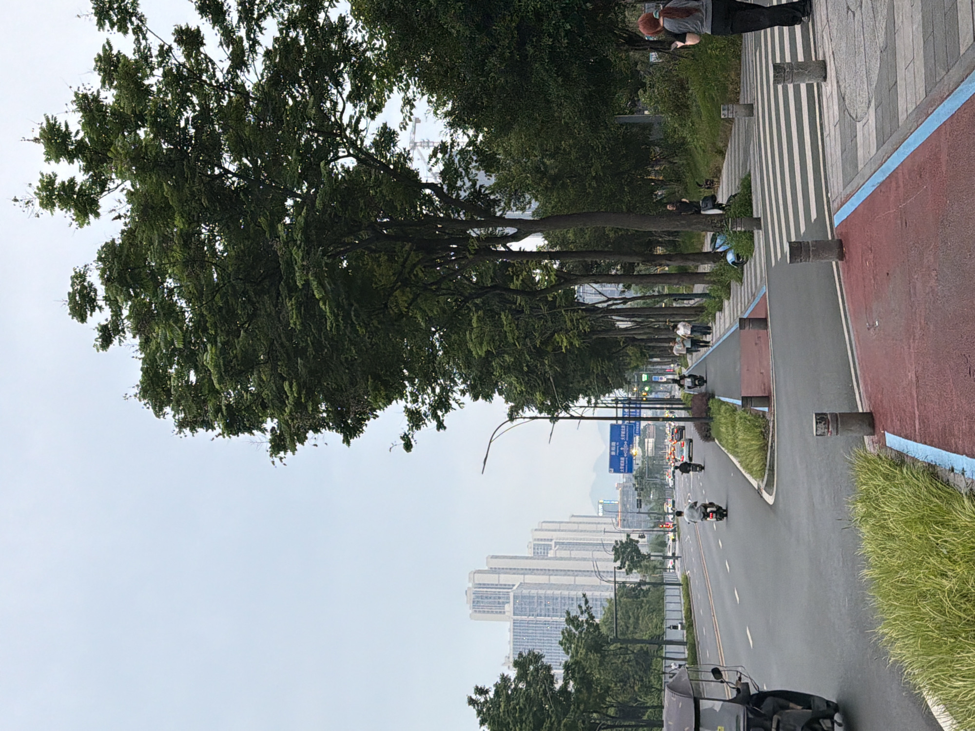 The image depicts a street scene in Chongqing High-tech Zone, China, with a focus on a road and pedestrian walkway bordered by trees and lush greenery. The road has multiple lanes with traffic, including motorcycles and a three-wheeled vehicle. A pedestrian path with a distinctive striped pattern runs alongside the road, separated by planters. The setting appears to be an urban environment with tall buildings visible in the background, suggesting a commercial or residential area.
Several people are present in the scene. In the foreground, a person is seated on a three-wheeled vehicle. Further down the path, a person in a grey top and black pants is standing and looking at their phone. Other individuals can be seen walking or sitting along the path, and several people are riding motorcycles on the road. The overall atmosphere seems relaxed, with people going about their daily activities.
The time of day is unclear, but the overcast sky suggests it might be daytime, possibly in the morning or afternoon. The weather appears to be cloudy, with no direct sunlight visible. The presence of abundant green vegetation, including mature trees and grass, indicates a temperate climate.
Notable details include the clear segregation of the road and pedestrian areas, the design of the walkway with its striped pattern, and the modern architecture of the buildings in the distance. The image is captured from a slightly elevated perspective, looking down onto the street. There is some visible text on a blue sign in the distance, which appears to be a directional or informational signpost common in urban areas.