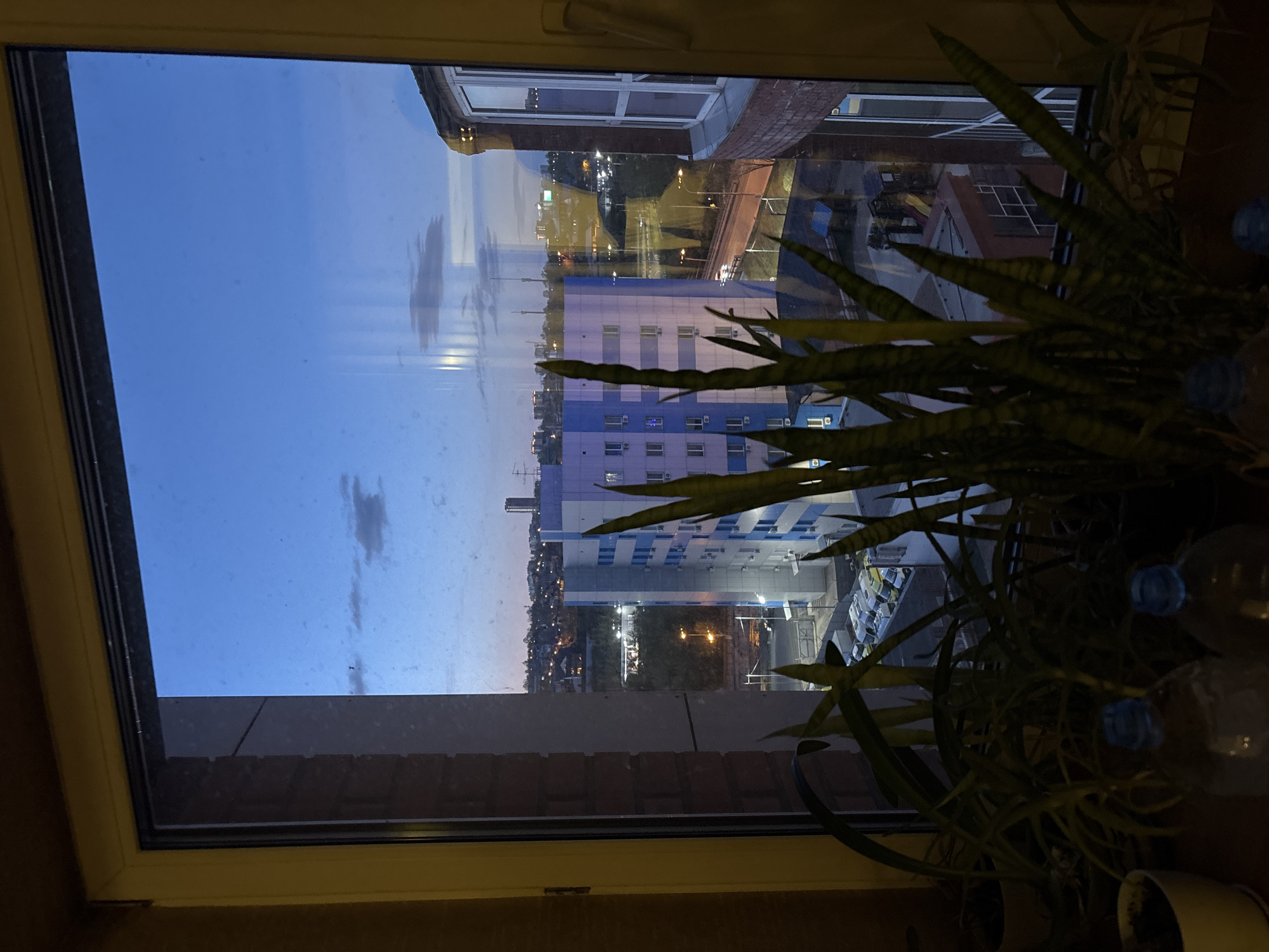 From inside a building in Krasnoyarsk, Russia, the image shows a view through a window. Outside, a blue-and-white building is visible, as well as streetlights and other buildings in the distance. The sky is a dusky blue. Inside, a plant sits on the windowsill.