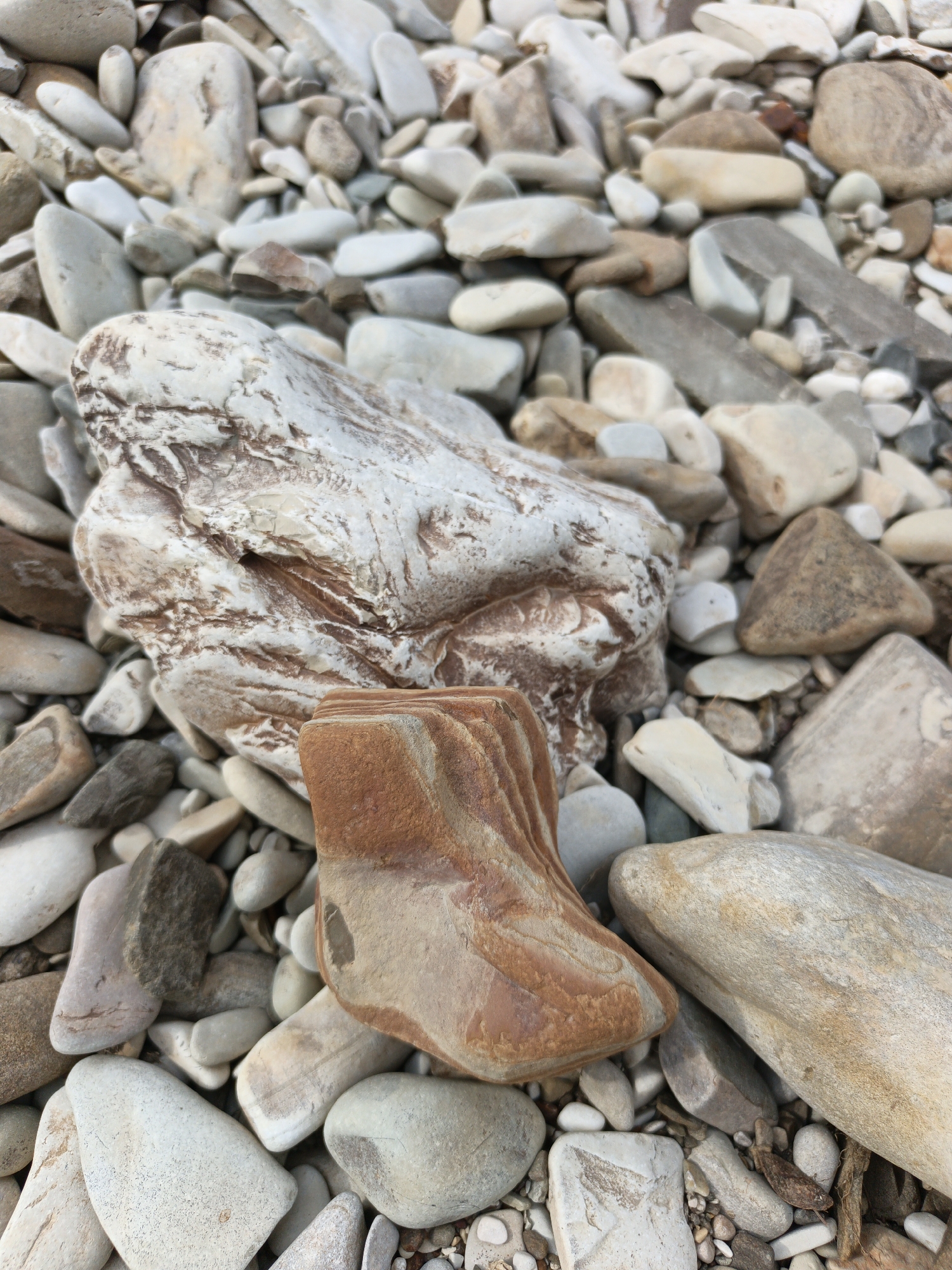 The image depicts a close-up, overhead view of a collection of stones, likely on a beach or riverbed. The stones vary in size, shape, and color, ranging from smooth, pale white and gray pebbles to larger, more angular rocks with brown and reddish-brown striations. Two prominent stones are in focus: a large, irregularly shaped white and brown rock positioned in the upper left of the frame, and a smaller, rectangular reddish-brown stone with distinct layered striations in the lower center. The background is filled with a dense arrangement of smaller, rounded stones. The lighting suggests it is daytime, with soft, diffused light, implying overcast weather or perhaps late afternoon. There are no people or animals visible, and no text is present. The scene conveys a sense of natural texture and geological detail. The location context provided is Pshada, Russia, which is known for its pebble beaches and natural landscapes.