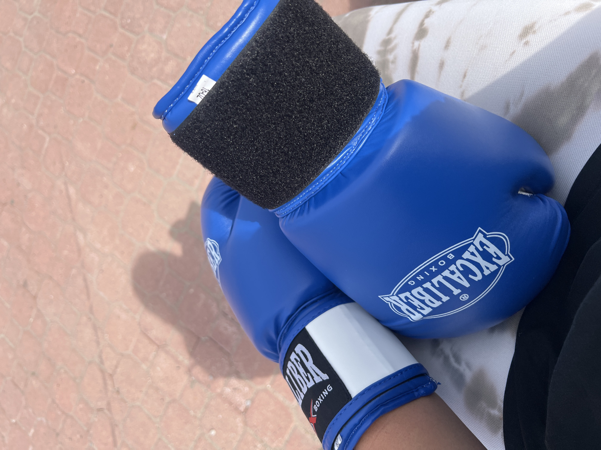 Two blue Excaliber boxing gloves lie on a white cushion. The background shows patterned pavement. The image does not provide information about the location of Prijevor, Montenegro.