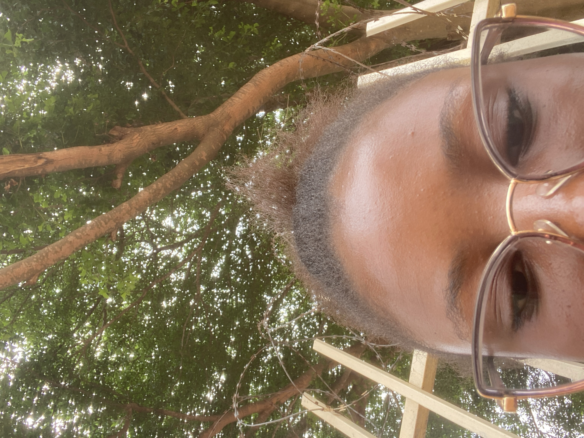 The image captures a close-up of a person's face, focusing on their forehead and eyes, with a pair of glasses partially obscuring their vision. The subject's skin is a warm brown tone, and their hair is styled in a bun with wisps escaping around the hairline. Behind the subject, a dense canopy of green leaves from a tree creates a dappled background. A portion of a tree trunk, rough and textured, is visible on the right side of the frame. Barbed wire stretches across the midground, supported by beige posts, suggesting a boundary or fence. The lighting indicates it is daytime, with sunlight filtering through the leaves. The scene is likely outdoors in Lafia, Nigeria, characterized by lush vegetation and common security measures like barbed wire fencing.