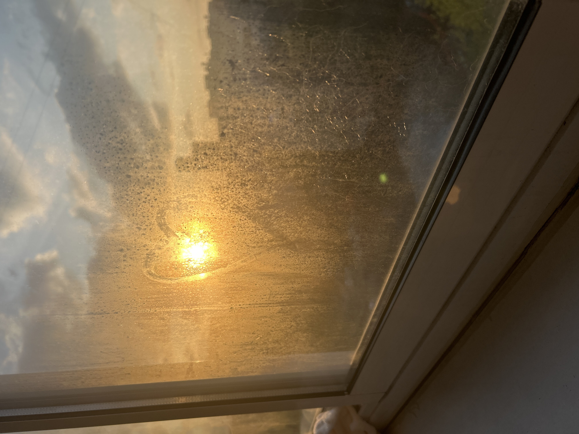 The media file features an upward-angled view through a highly grimy window, likely a skylight or an upper-story window, capturing the sun either rising or setting. The glass is significantly obscured by an accumulation of dried water droplets, streaky residue, and general dust, creating a textured, diffused effect.
In the upper-center to upper-right portion of the window, the sun appears as a brilliant, glowing orb, its intense golden light diffused and scattered by the dirty glass. This warm glow dominates the upper half of the window, contrasting with the cooler, grey-blue tones of the sky visible through clearer sections of the glass, particularly towards the left. These clearer sections reveal soft cloud formations. A small, distinct green light or reflection is visible on the dirty glass in the upper-right quadrant.
The window frame, a white or light-colored structure, is visible along the right and bottom edges of the image. Its design suggests a sturdy construction, possibly with multiple panes or internal divisions. The crops provide closer views of the intricate patterns of dirt and water marks on the glass, detailing both fine scratches and larger, dried drops. The overall impression is one of looking out from an interior space in Khimki, Russia, at a low-angle sun through a window in dire need of cleaning. The time of day is clearly either sunrise or sunset due to the low sun and golden light. No visible text is present in the image.