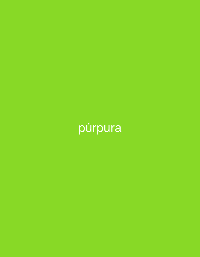 The image presents a plain, solid background colored in a vibrant lime green or chartreuse hue. Centered on this monochromatic backdrop, the Spanish word "púrpura" is displayed in a clear, white sans-serif font.
There are no people, objects, or discernible activities taking place within the image. The scene is entirely abstract, devoid of any specific environmental details, time of day, or weather conditions. It conveys no explicit emotions or narrative, functioning as a simple visual representation of text against a color field. The only visible text is "púrpura." This media file originates from La Tagua, Venezuela.