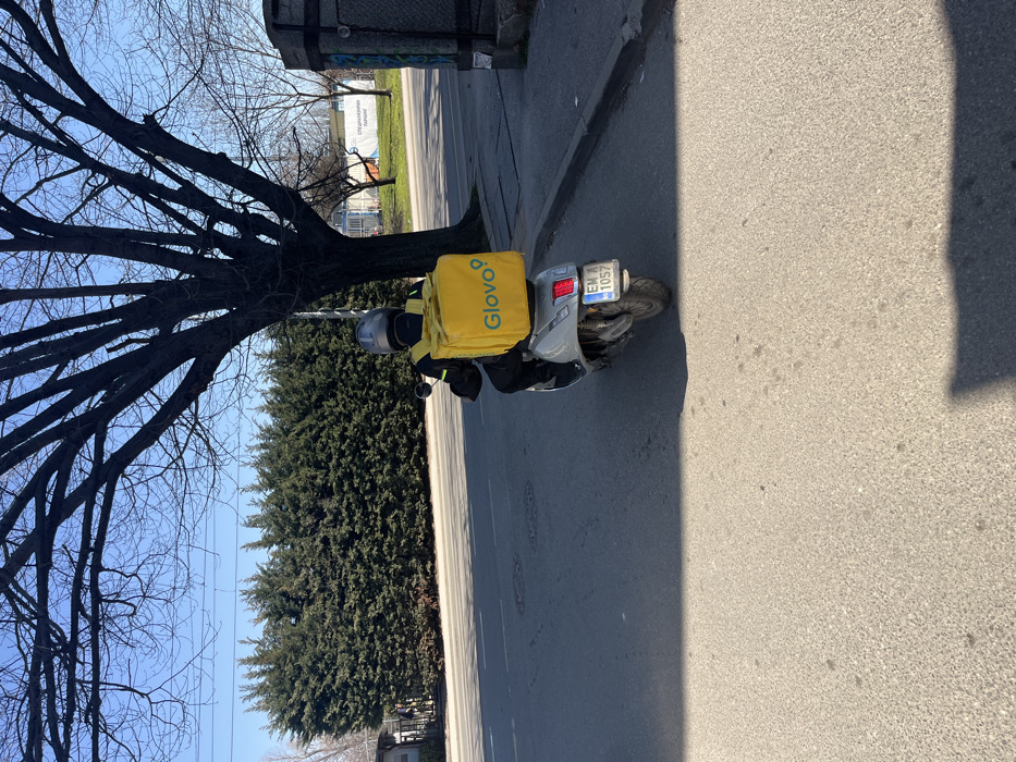 A light-colored scooter with a Bulgarian license plate "ЕМ А 1057" is depicted from the rear, traveling on an asphalt road under a clear blue sky. A person, whose back is to the camera, is operating the scooter, wearing a dark helmet, a dark jacket with reflective yellow accents, and dark pants. A large, bright yellow Glovo delivery bag with the company's logo is secured to the rear of the scooter.
The road surface is gray asphalt, marked with faint white lines and several circular manhole covers. A shadow from an unseen object extends into the foreground from the bottom edge of the frame. To the right of the road, a concrete curb separates it from a patch of grass, beyond which a large, leafless deciduous tree stands prominently, its dark branches reaching towards the sky. Further right, a concrete pillar with visible graffiti is partially visible.
To the left of the road, a dense, tall hedge of dark green evergreen trees forms a continuous barrier. Behind this hedge, a small, light-colored structure is partially visible. In the background, across a grassy area, a white building with a blue sign is visible. The sign features text in Cyrillic, which reads "ОБЩИНСКИ ПАЗАРИ" (Obshtinski Pazari), translating to "Municipal Markets."
The scene is illuminated by strong sunlight, casting distinct shadows. The Bulgarian license plate and the "Municipal Markets" sign confirm the location as Sofia, Bulgaria, near a facility or area managed by the municipal markets authority.