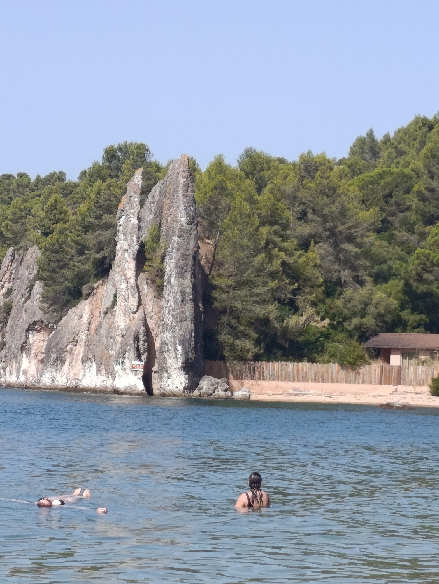 The image depicts a coastal scene with a rocky cliff face on the left, covered in dense green trees. In the foreground, a body of calm blue water occupies the lower half of the frame. Two individuals are visible in the water. In the middle ground, one person is floating on their back with their head and feet visible. Further to the right and closer to the viewer, another person is swimming, facing away from the camera.
Behind the water and in front of the tree-covered cliff, there is a sandy beach area bordered by a light brown wooden fence. A small, simple building with a brown roof is visible behind the fence. A sign is affixed to the cliff face. The sky above is clear and light blue.
This scene is characteristic of the Arrábida Natural Park, located near Setúbal, Portugal, known for its rugged coastline, sandy coves, and lush Mediterranean vegetation.
