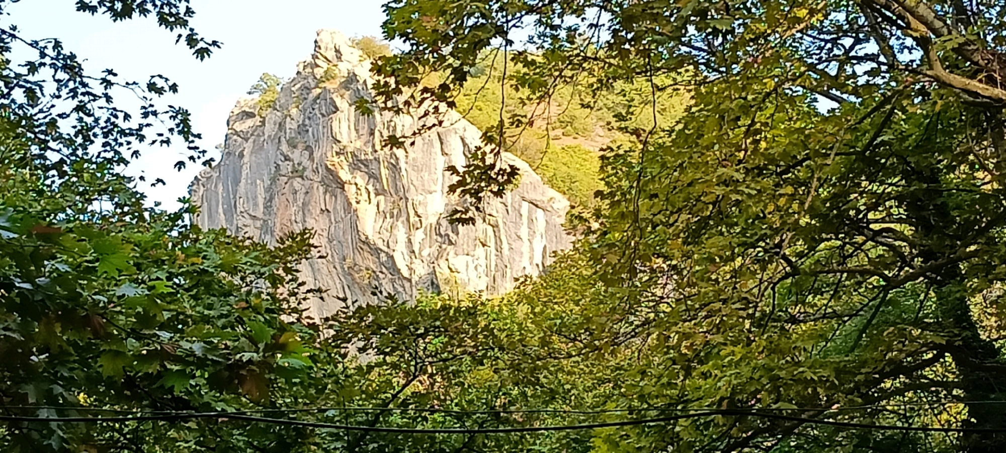 The image depicts a dramatic rocky cliff face, bathed in sunlight, rising behind a dense canopy of lush green trees. The cliff is tall and imposing, with distinct vertical striations and jagged peaks. The trees in the foreground are leafy and full, with branches obscuring parts of the cliff face and the sky. The overall scene conveys a sense of natural grandeur and seclusion. The location is the Pozar Baths, Greece, renowned for its thermal springs and surrounding natural beauty, which this image captures.