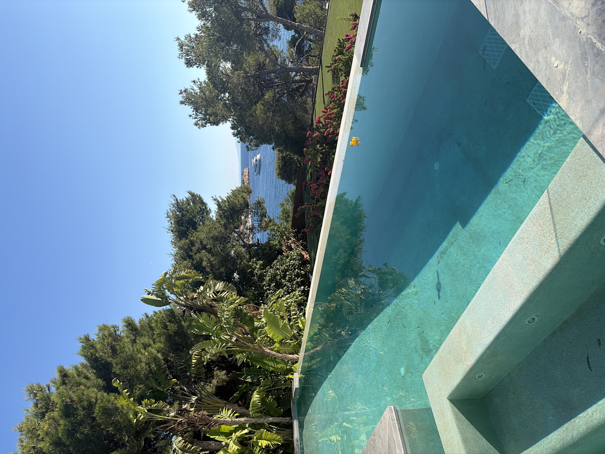 An infinity swimming pool with clear turquoise water dominates the foreground of the image. Steps are visible within the pool's shallow end. The pool is surrounded by a stone coping. Beyond the pool, lush green trees and tropical plants create a dense canopy. In the background, the azure blue sea stretches out to the horizon, dotted with a white yacht. A distant island is visible under a clear blue sky. The location is the city of Vouliagmeni Municipal Unit, Greece. There are no people in the image.