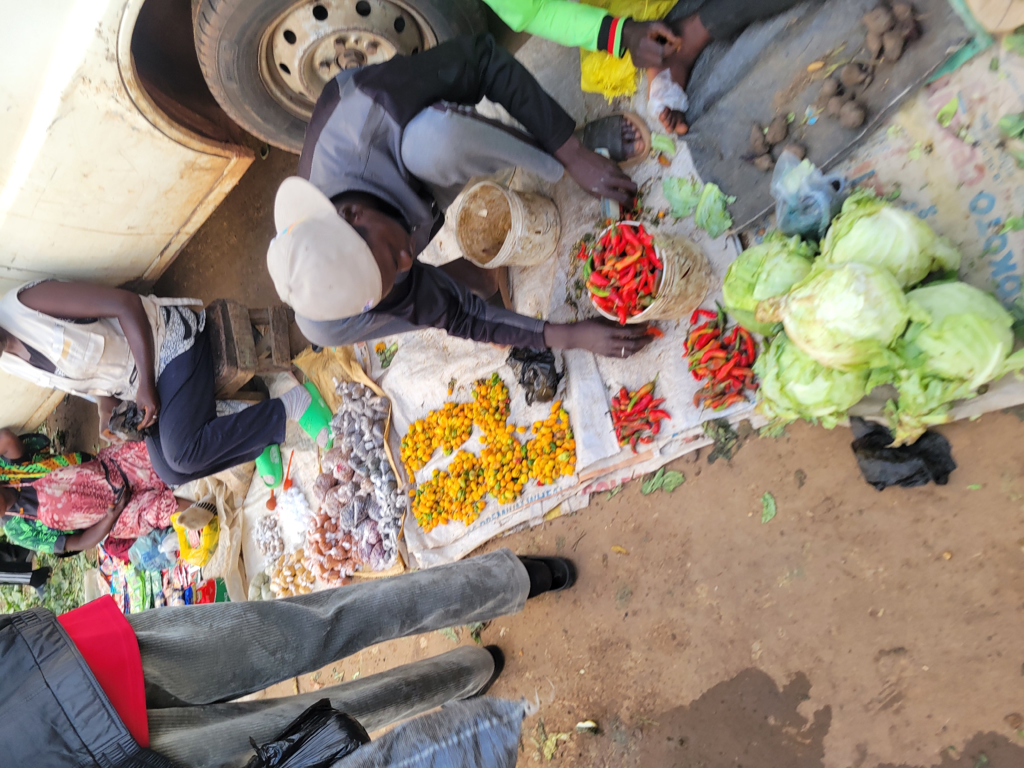 This image depicts an outdoor market scene in Gura Top, Nigeria, likely during daylight hours given the bright illumination. The foreground shows the legs of an individual wearing grey corduroy pants and black shoes, suggesting a grounded perspective from a seated or kneeling position.
The central focus is on a market stall where several people are engaged in selling or sorting produce. A person wearing a white cap and a grey and black jacket is leaning over a collection of bright red chilies, appearing to be in the process of selling or organizing them. Beside the chilies, a large basket filled with more red chilies is visible. A person in a green long-sleeved shirt and black pants with green socks is also present, their hands interacting with the produce, suggesting active participation in the market.
Other produce laid out on a white cloth includes piles of small yellow fruits or vegetables, and several heads of cabbage. In the background, there's a glimpse of a vehicle's tire and wheel well, indicating the market is situated near a road or parking area. The ground is a mix of dirt and what appears to be a slightly damp patch, hinting at recent rain or perhaps water used for cleaning produce.
Scattered around are various items like plastic bags, a white bucket, and what look like small packaged goods. The overall atmosphere seems to be one of commerce and daily activity, with the focus on fresh produce. No discernible text is visible in the image.