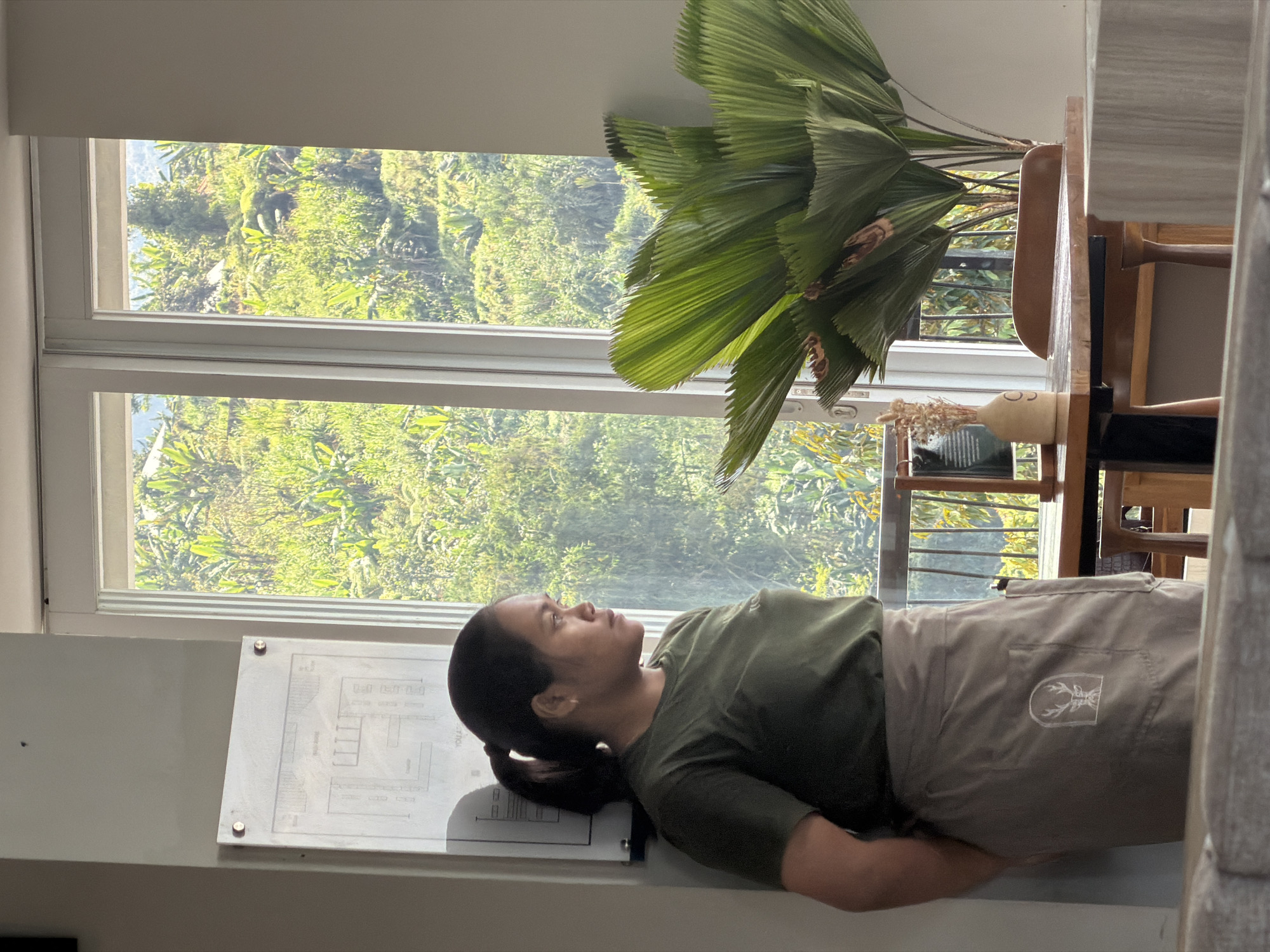 A woman with dark hair pulled into a ponytail, wearing a green t-shirt and a light brown apron, stands with her hands behind her back, looking out a window. The window overlooks a lush, green hillside with many trees, possibly banana trees, and a bright, sunny sky. The woman is indoors, in a room with a light-colored wall. On the wall next to her is a white sign with a diagram of a building. A wooden table is in front of the window, with a vase of dried flowers and a large potted plant with fan-shaped green leaves on it. The scene appears to be a cafe or restaurant in Baturiti, Indonesia, based on the outdoor vegetation.
