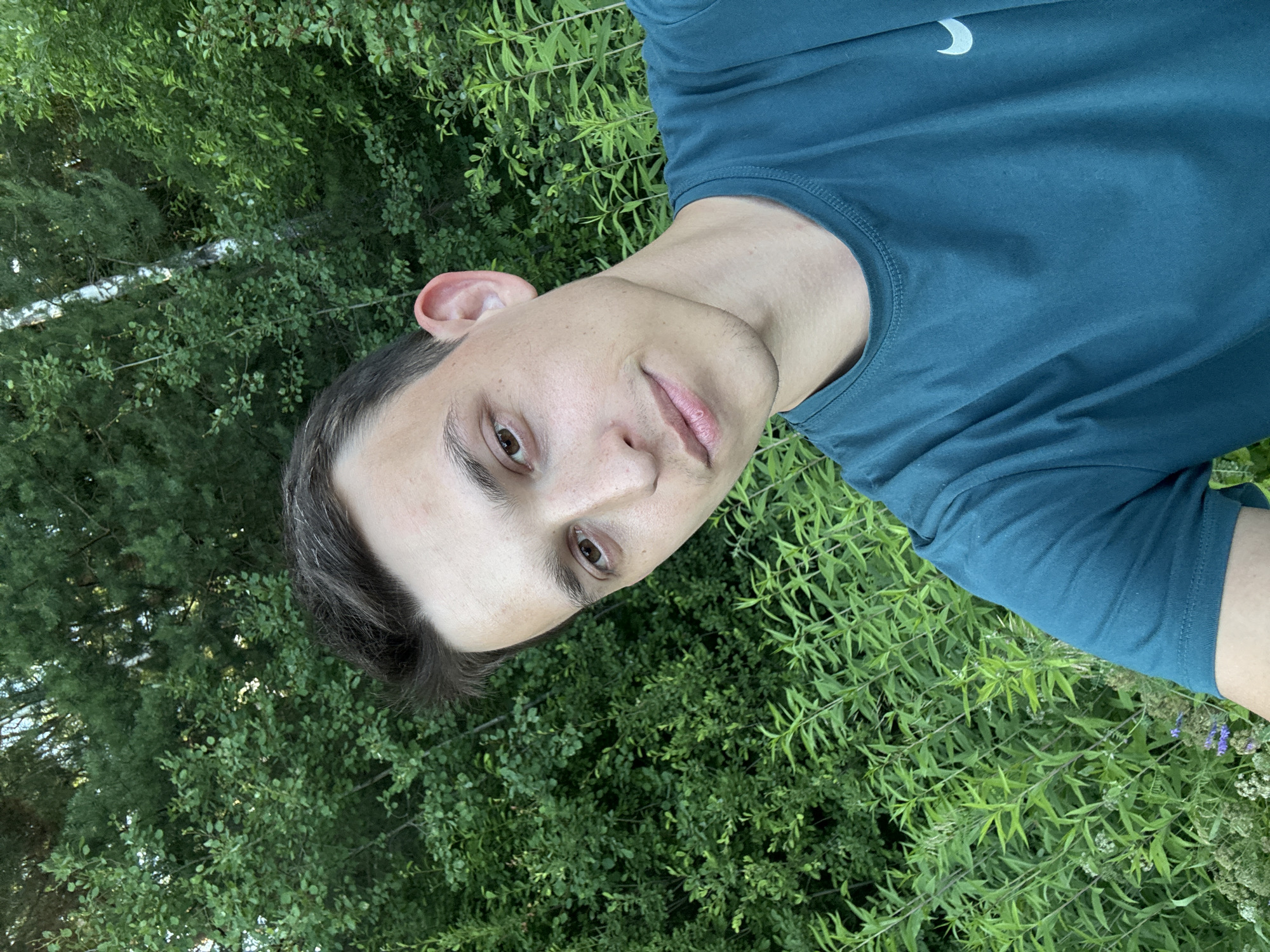 The image is a portrait of a young man taken outdoors in a natural setting, likely a park or garden, as indicated by the abundant green foliage and trees. The man is positioned in the foreground, with his face turned towards the camera. He has short, dark hair and is wearing a teal t-shirt with a subtle white logo, possibly a swoosh, on the upper chest. His skin appears clear, and he has brown eyes and a neutral expression.
The background is dominated by lush green plants and trees, suggesting a daytime setting, possibly late spring or summer. The lighting appears natural, without harsh shadows, implying it could be a slightly overcast day or the image was taken during the golden hour. The overall mood is relaxed and informal. There is no text visible in the image, apart from the logo on the t-shirt. The provided location context is Шевлягино, Russia.