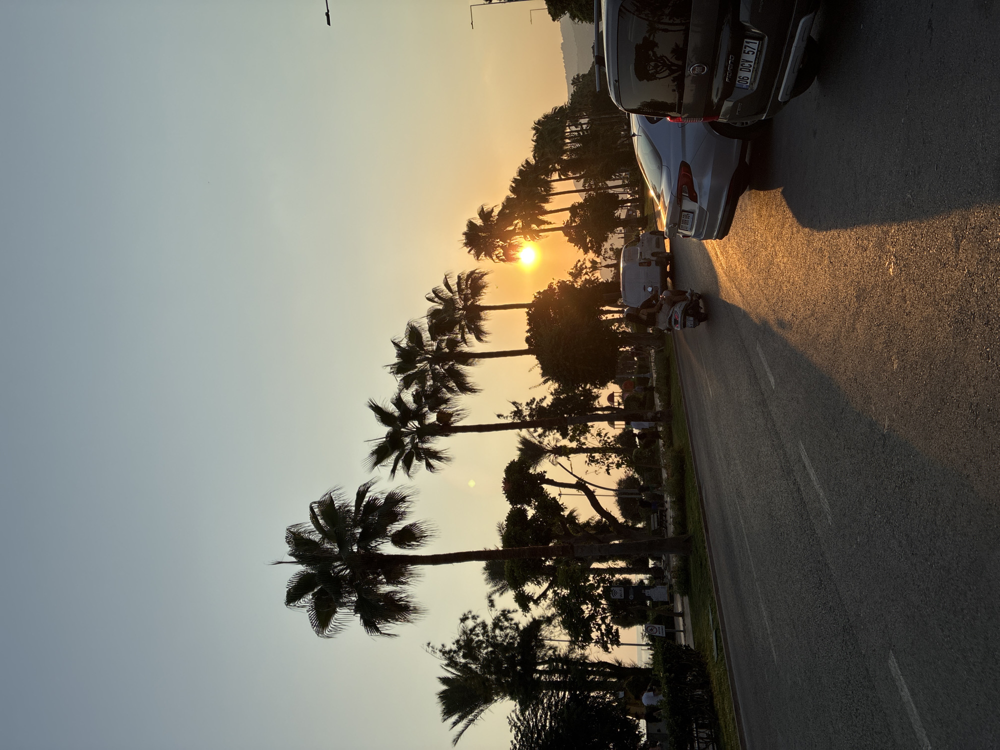 The image captures a street scene in Alanya, Turkey, at sunset. A row of silhouetted palm trees lines the right side of a paved road. The setting sun, a bright orange orb, is partially obscured by the palm fronds, casting a warm, golden glow across the scene. The sky transitions from a clear, pale blue at the top to a soft yellow near the horizon.
Several vehicles are present on the road. A silver sedan is parked on the right, and behind it, a dark-colored van, possibly a FIAT Fiorino, is also parked. A scooter with two occupants is moving away from the camera on the left side of the road, its headlights illuminated. A white van is visible further down the road.
On the left side of the road, there is a sidewalk area with more trees and foliage. Some people are walking or standing along the sidewalk, their figures also silhouetted against the bright sky. Signs, including one that appears to indicate Wi-Fi availability, are visible in the background. The overall impression is that of a lively urban area bathed in the warm light of a Mediterranean sunset.
